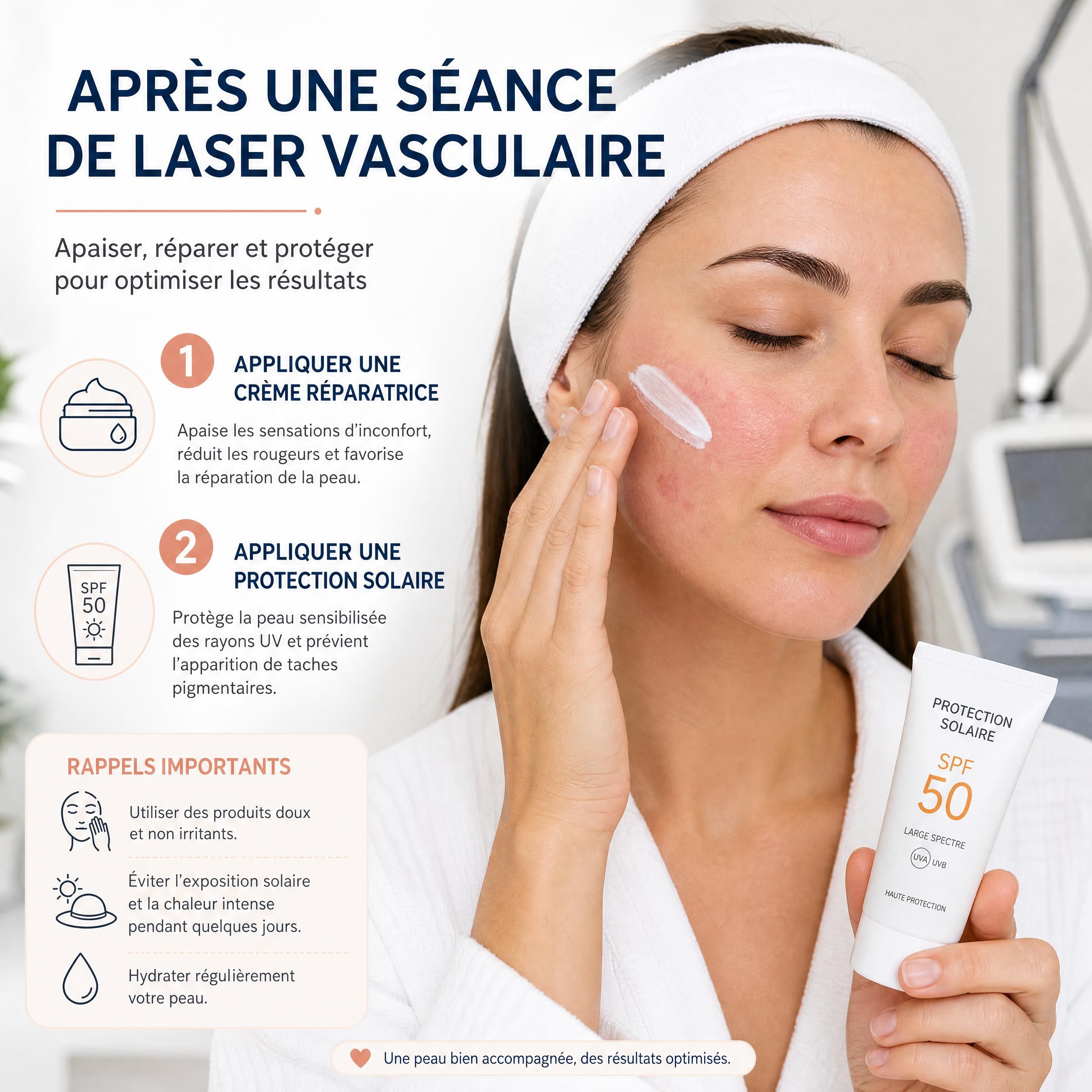 Application d'une crème réparatrice et d'une protection solaire après une séance de laser vasculaire