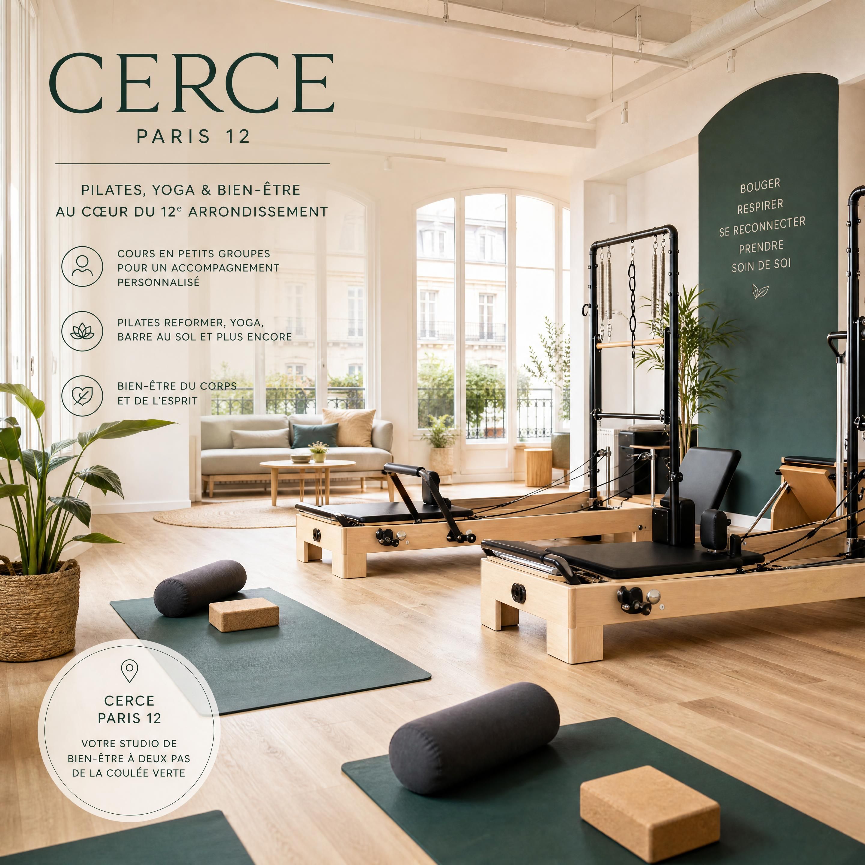 Salle lumineuse de CERCE à Paris 12 avec tapis de yoga, appareils de Pilates et espace de relaxation