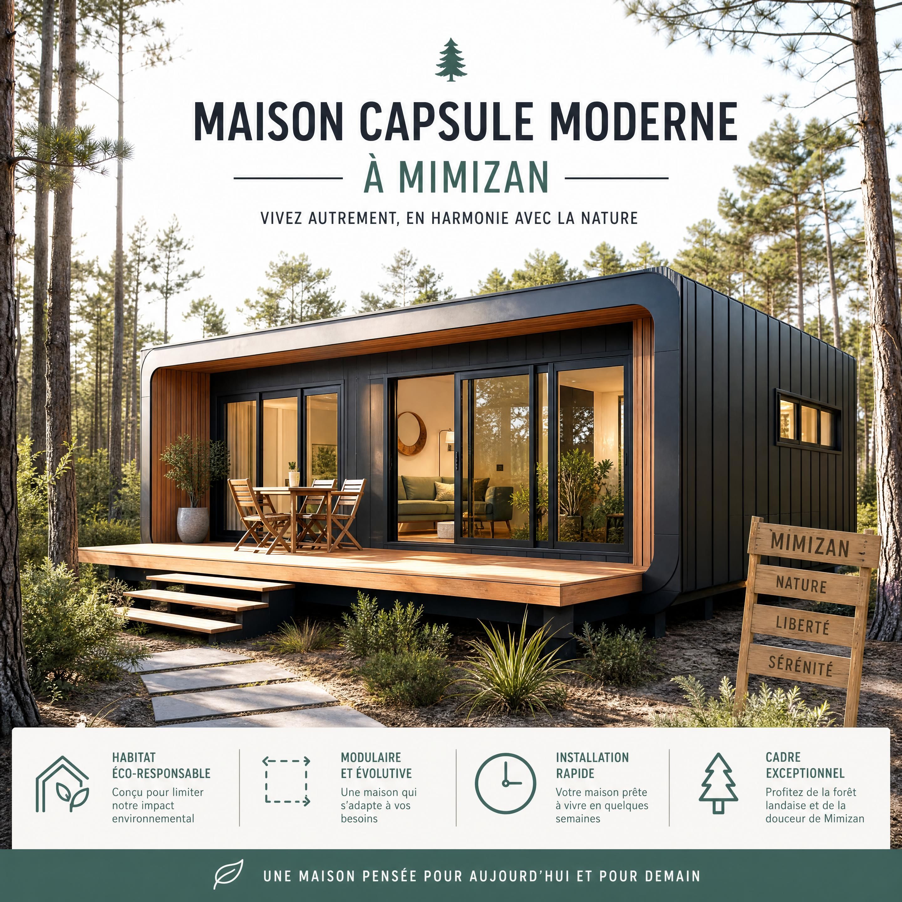 Maison capsule moderne installée sur un terrain boisé à Mimizan, vue extérieure — Mimizan (Landes, 40200) — Olivier Roussel, conseiller immobilier IAD France