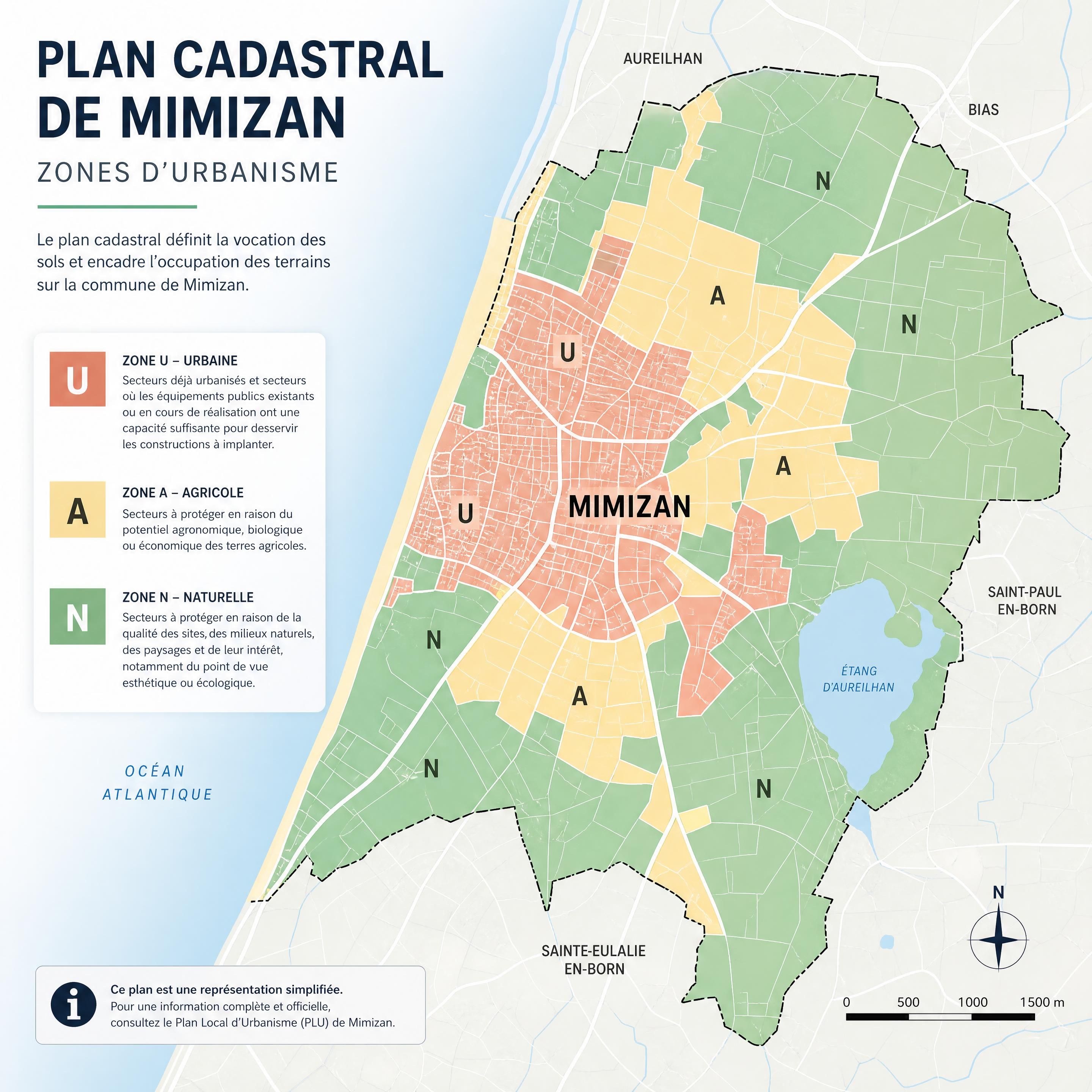 Plan cadastral de Mimizan avec zones d'urbanisme colorées U, A, N — Mimizan (Landes, 40200) — Olivier Roussel, conseiller immobilier IAD France