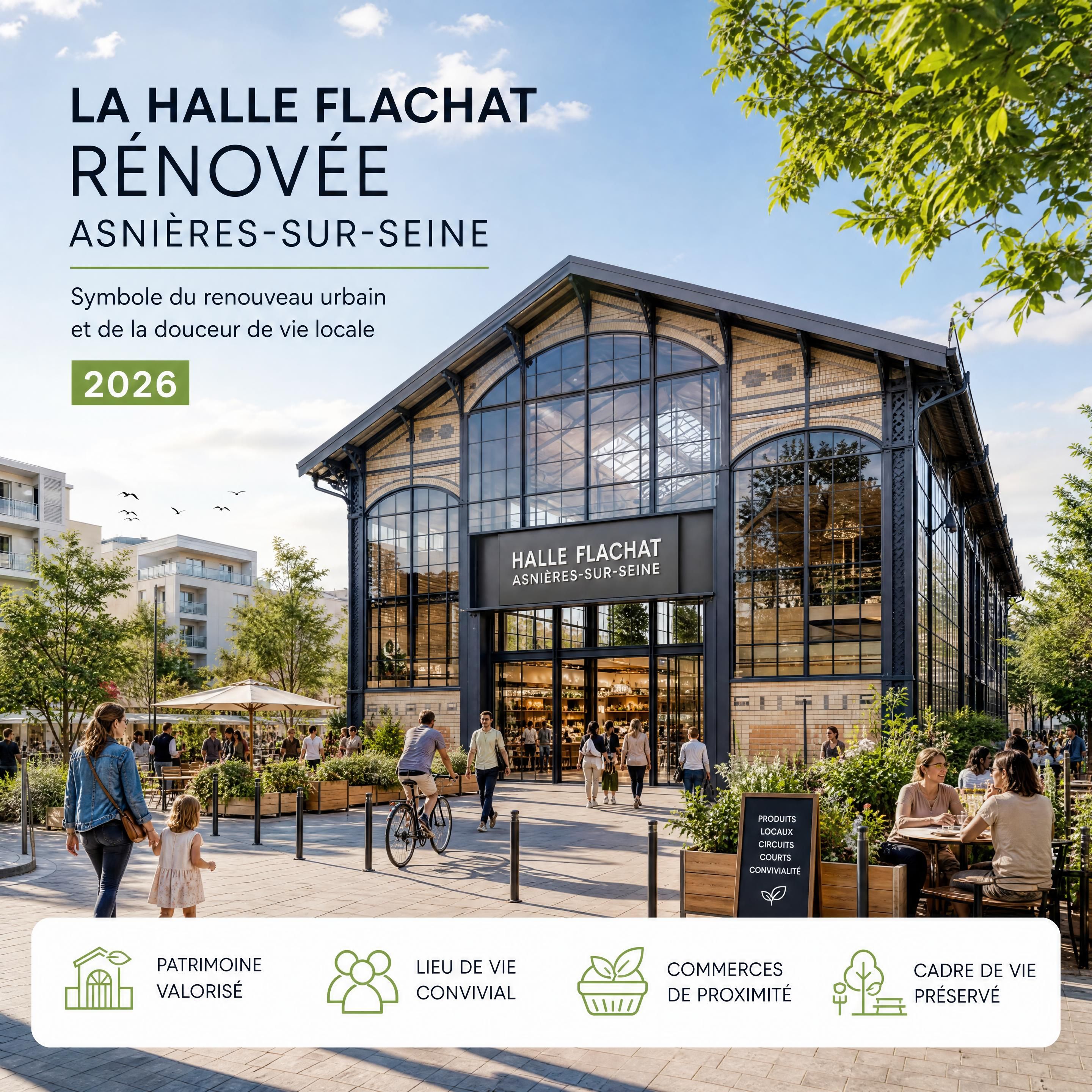 Vue de la Halle Flachat rénovée à Asnières-sur-Seine, symbole du renouveau urbain et de la douceur de vie locale en 2026