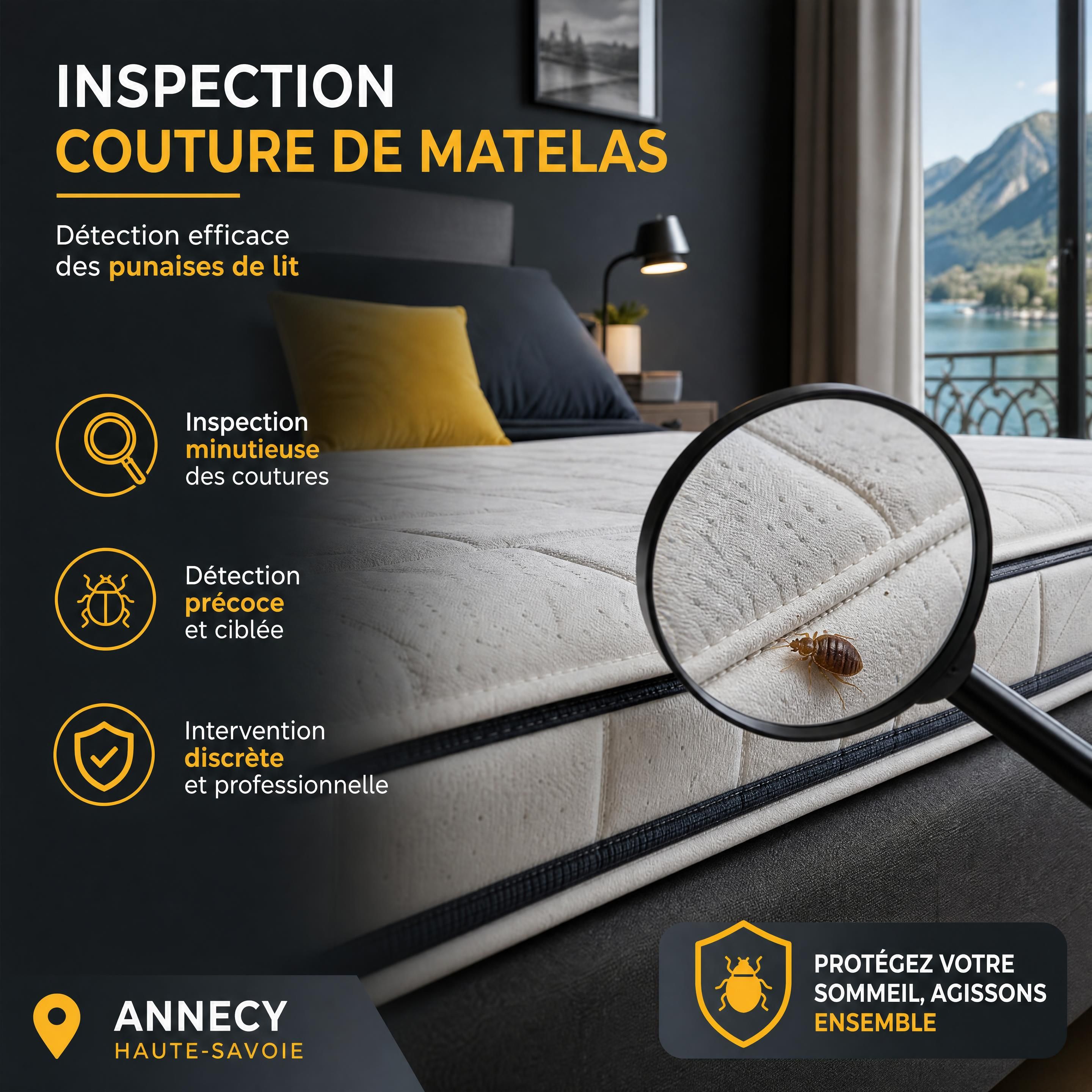 Inspection réaliste d’une couture de matelas dans une chambre à Annecy, avec une punaise de lit correctement représentée, ambiance graphique noire anthracite jaune et blanche, sans personne ni trace de sang