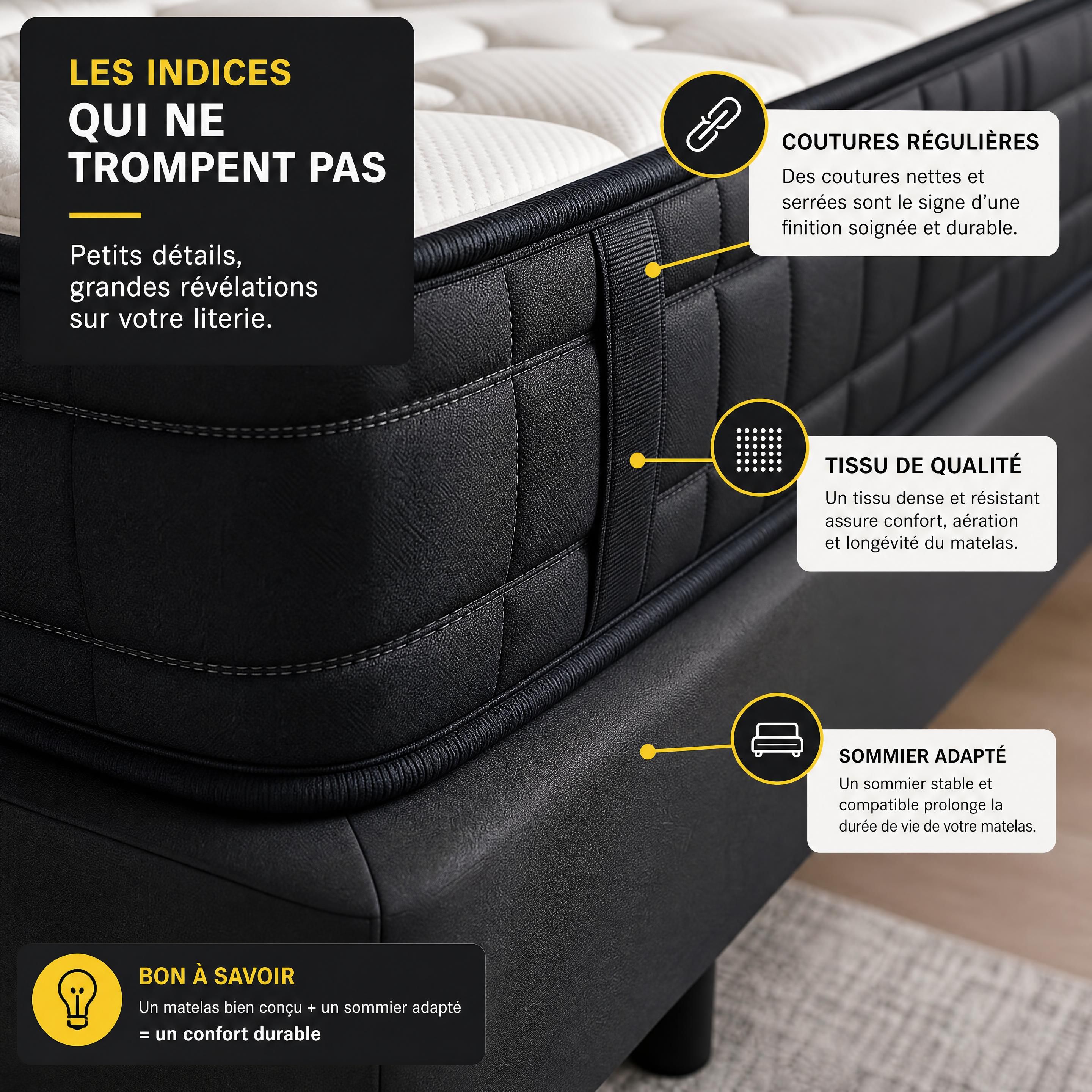 Vue rapprochée d’un sommier et de la couture d’un matelas montrant de petits indices matériels réalistes, sans personne, sans sang et avec une palette noire, anthracite, jaune et blanche