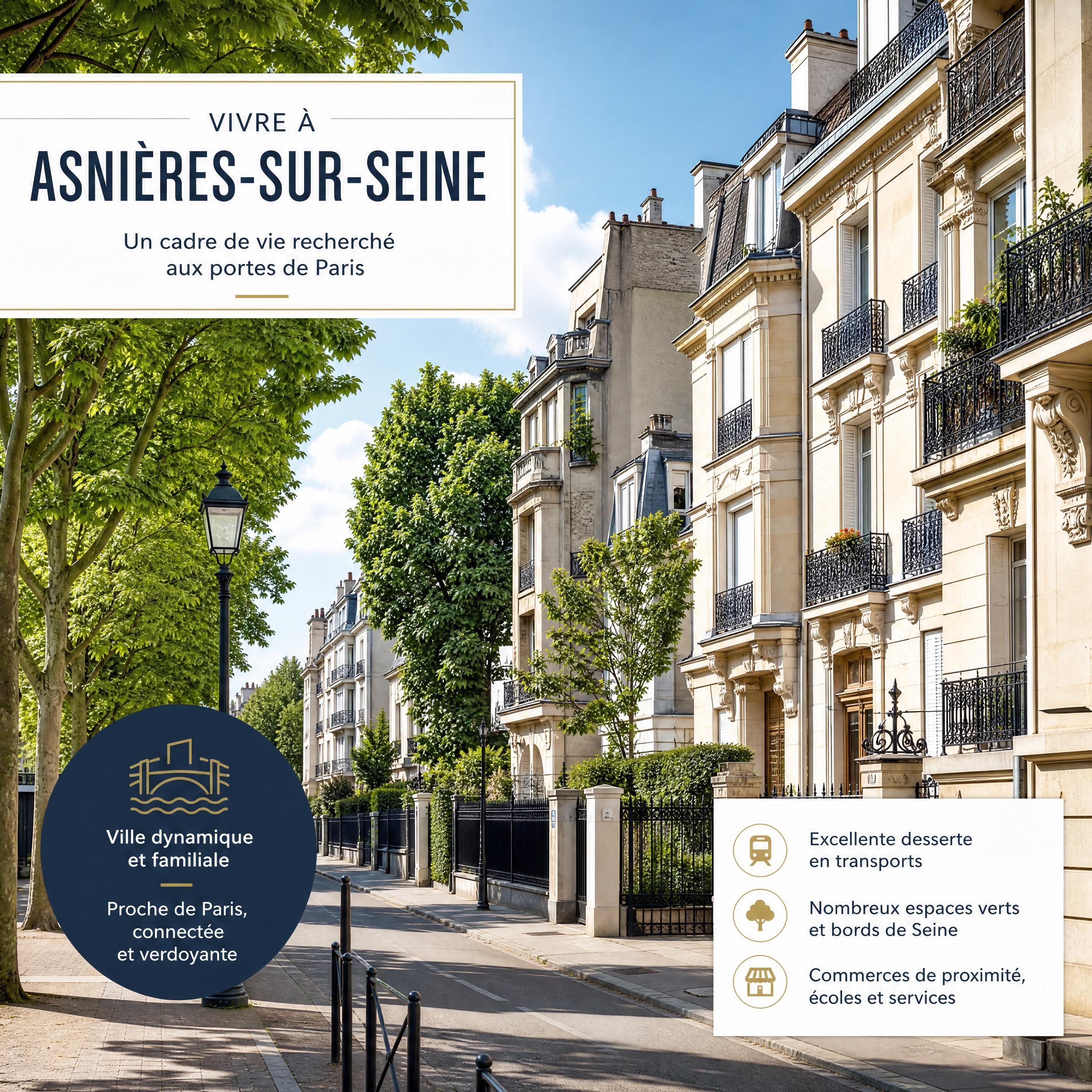 Une rue résidentielle typique d'Asnières-sur-Seine avec de beaux immeubles en pierre de taille et des arbres verdoyants