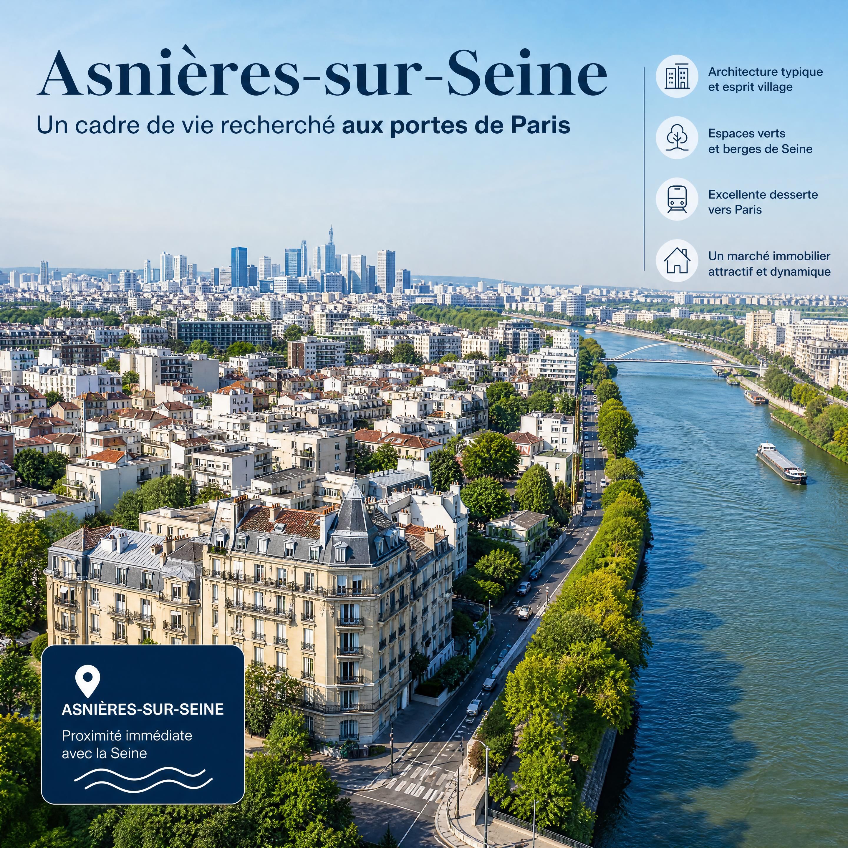 Vue aérienne d'Asnières-sur-Seine montrant l'architecture typique francilienne et la proximité immédiate avec la Seine, illustrant l'attractivité de l'immobilier à Asnières-sur-Seine