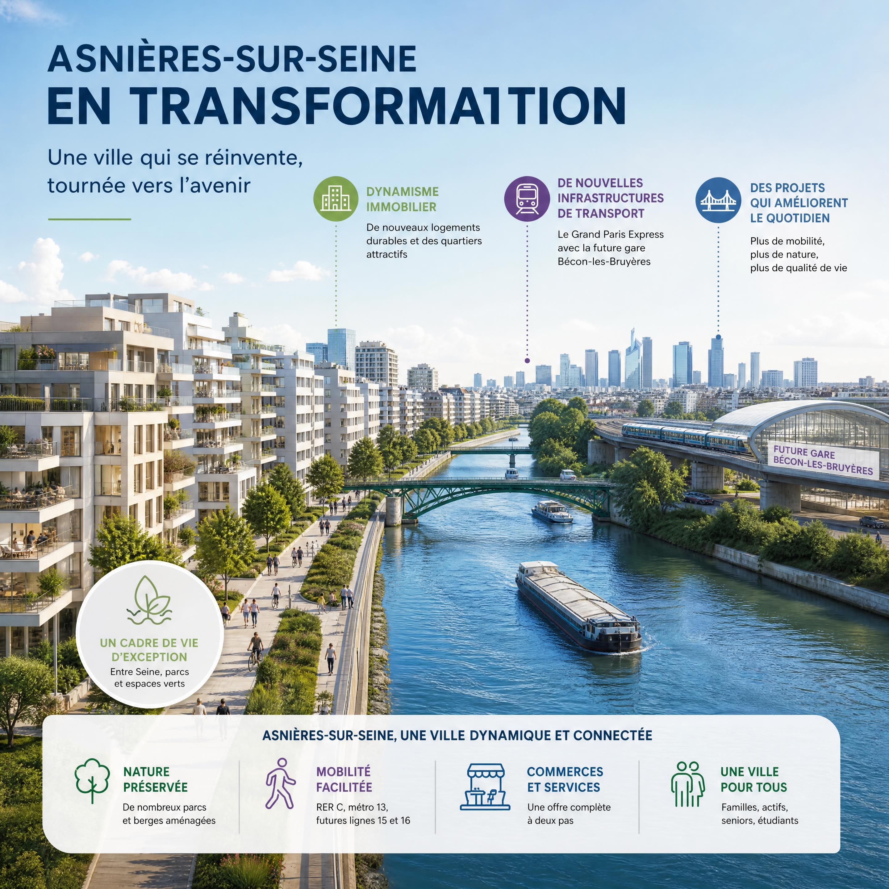 Transformation urbaine d'Asnières-sur-Seine avec vue sur la Seine, illustrant le dynamisme immobilier et les futurs projets d'infrastructures de transport