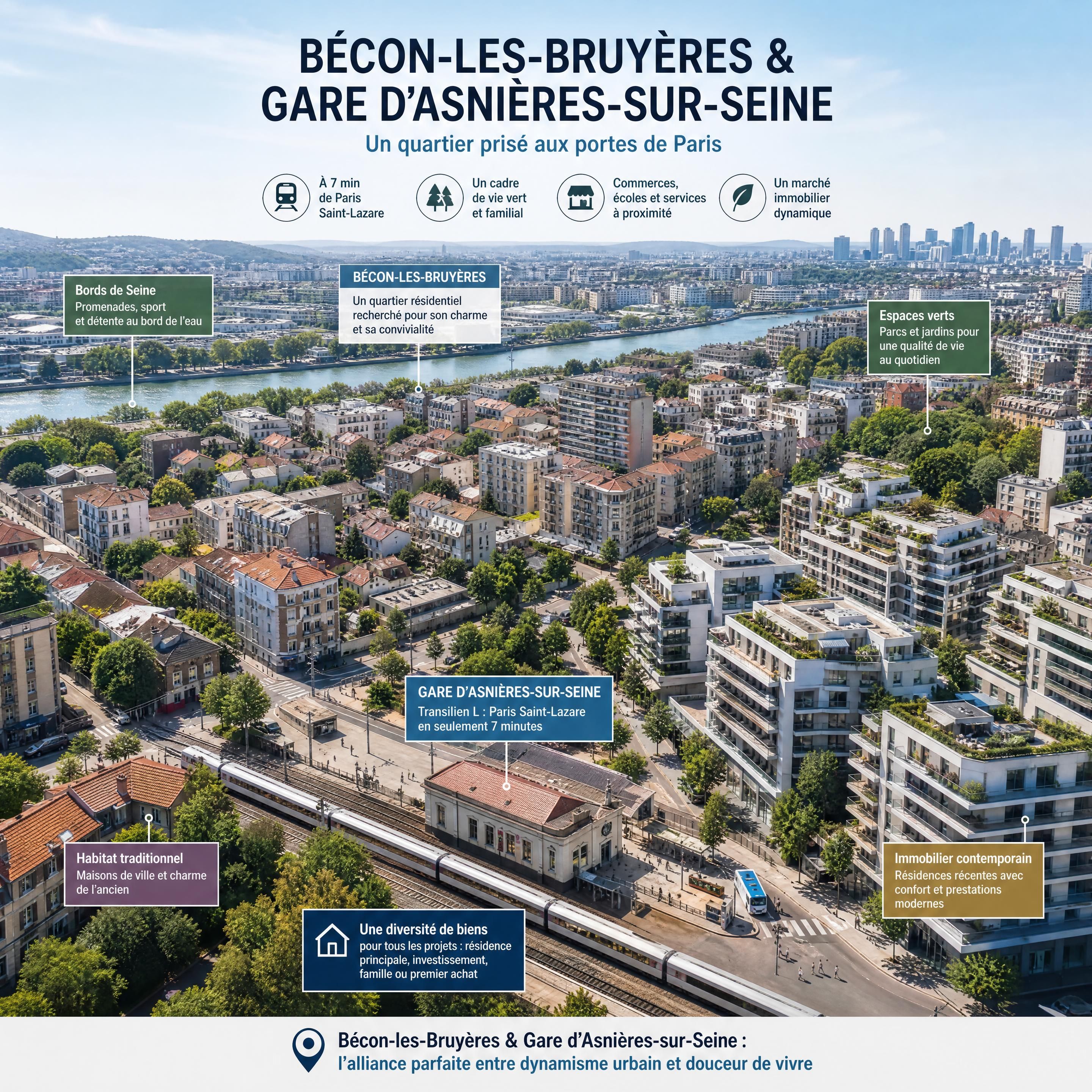 Vue aérienne du quartier de Bécon-les-Bruyères et de la gare d'Asnières-sur-Seine, illustrant la diversité de l'immobilier local