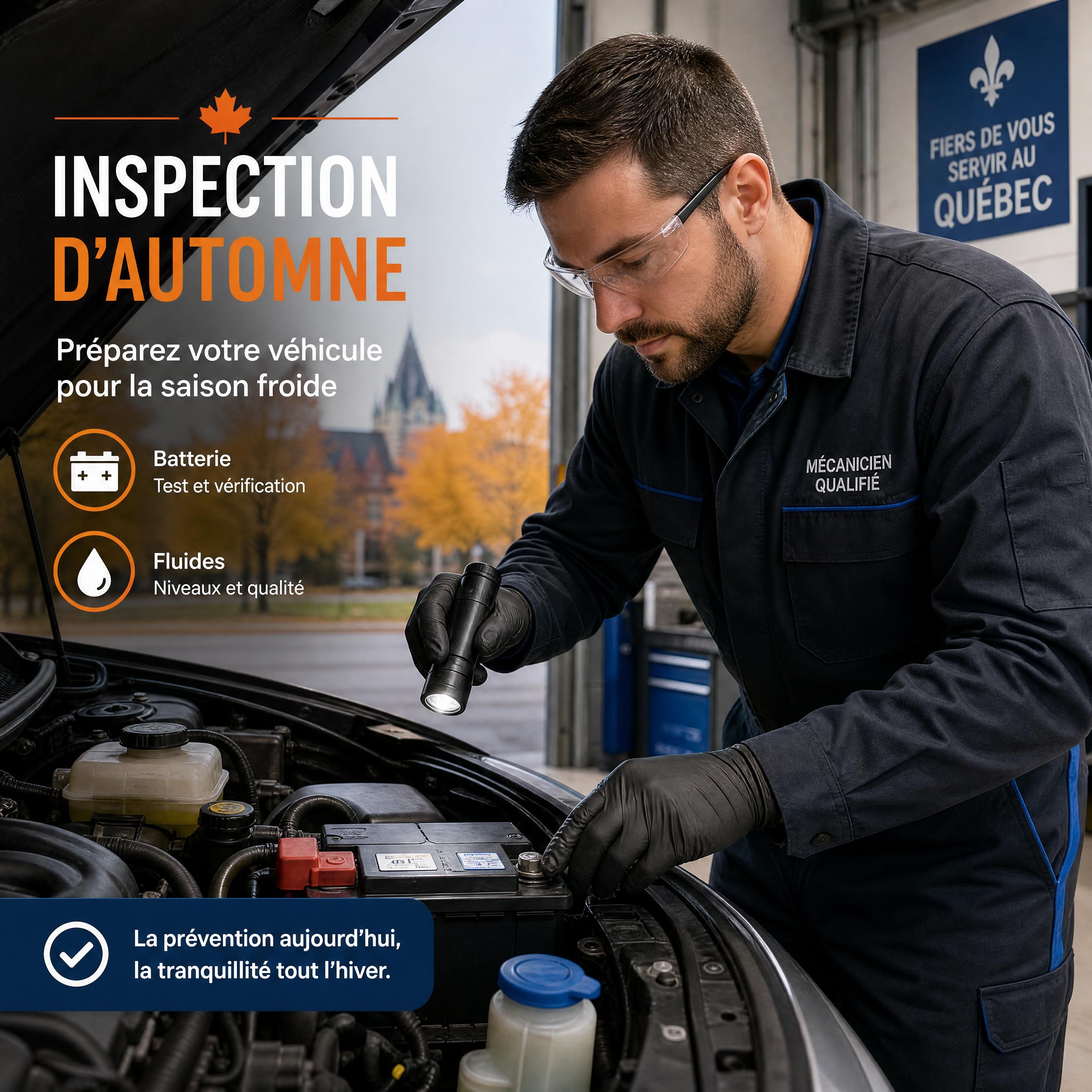 Mécanicien qualifié effectuant une inspection d'automne sur la batterie et les fluides d'une voiture au Québec