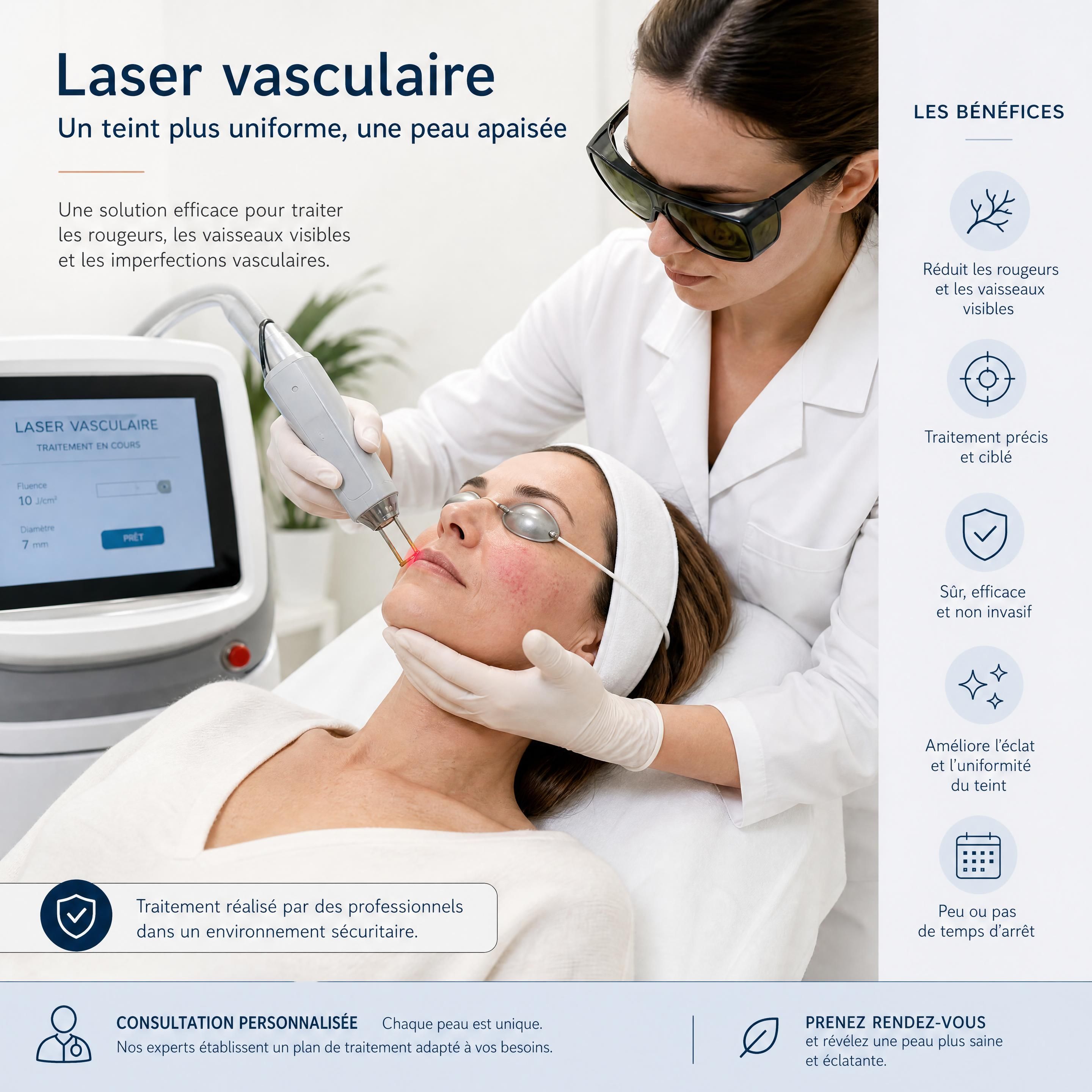 Patient recevant un traitement de laser vasculaire en clinique dermatologique