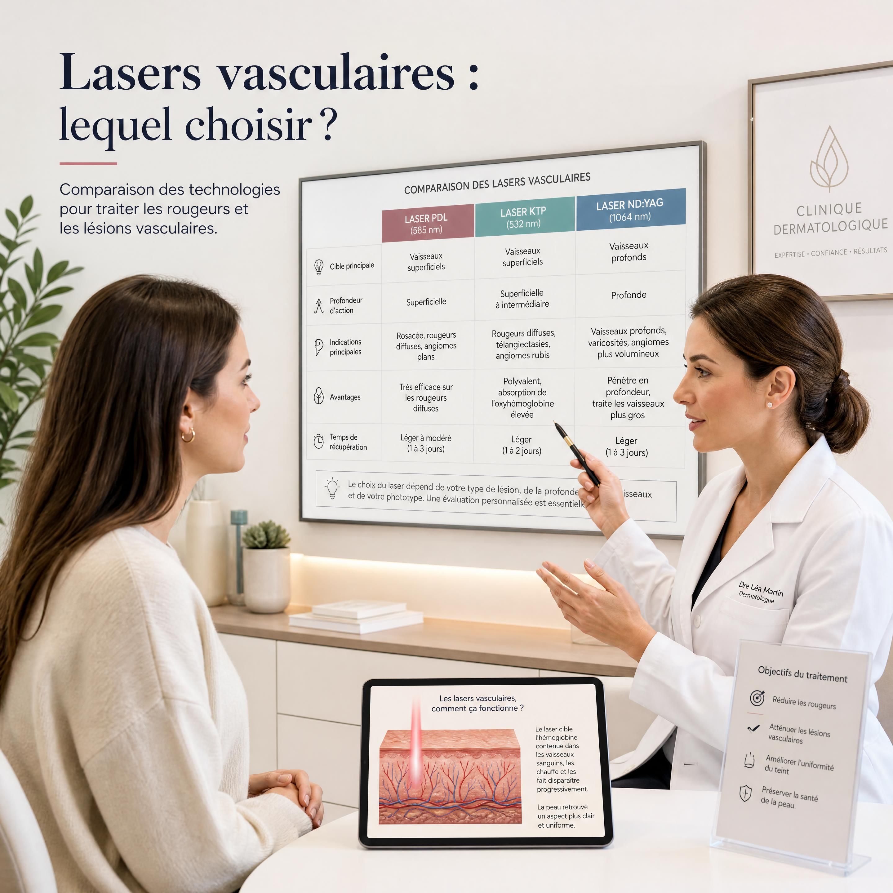 Consultation en clinique dermatologique pour comparer les lasers vasculaires