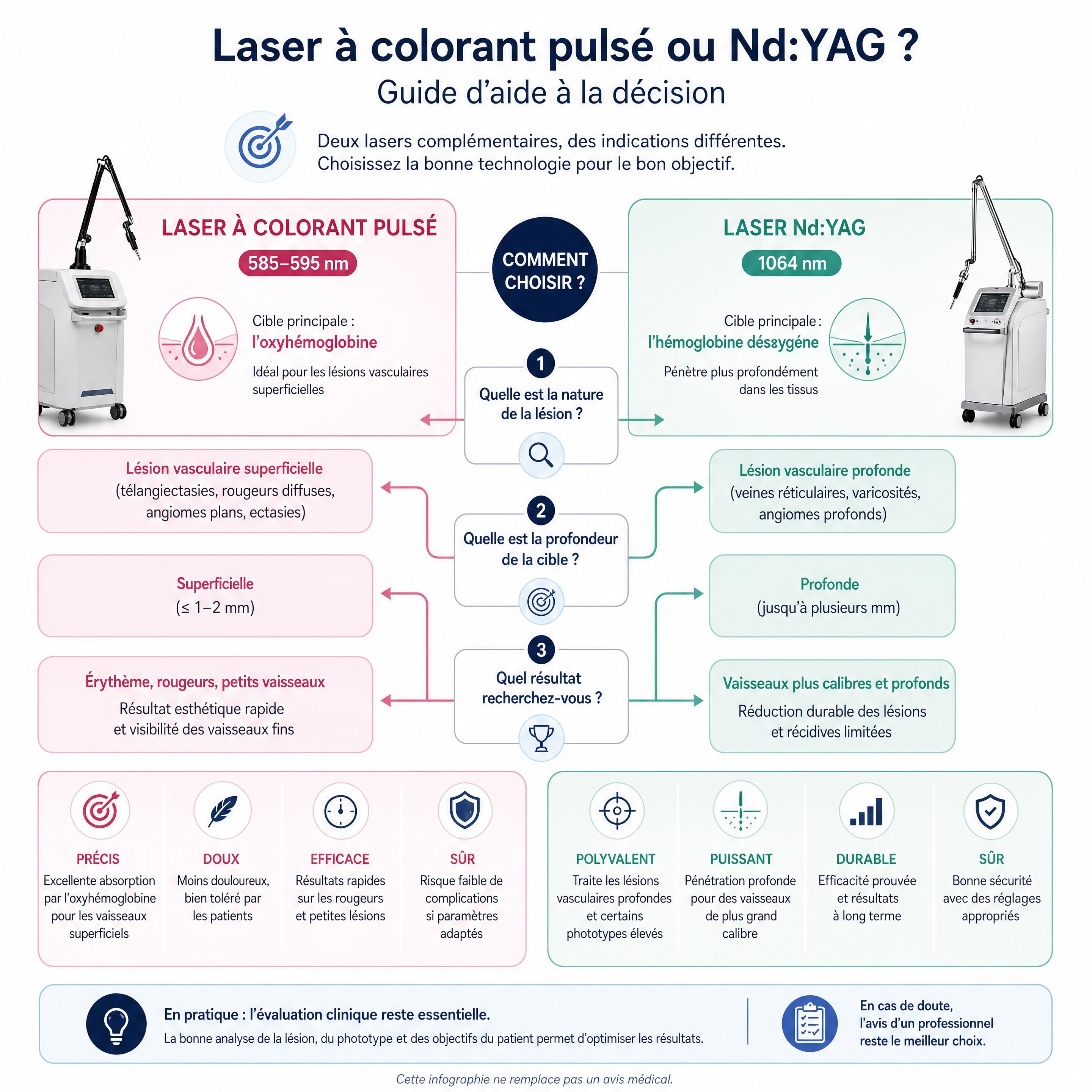 Infographie d'aide à la décision entre laser à colorant pulsé et Nd:YAG