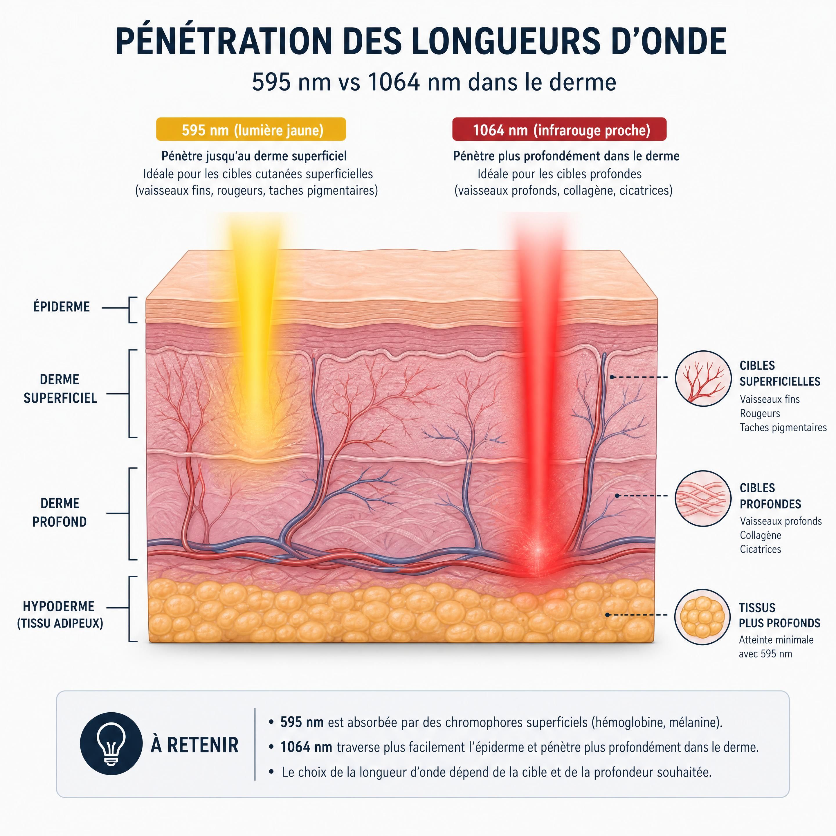 Schéma explicatif de la pénétration des longueurs d'onde 595 nm et 1064 nm dans le derme