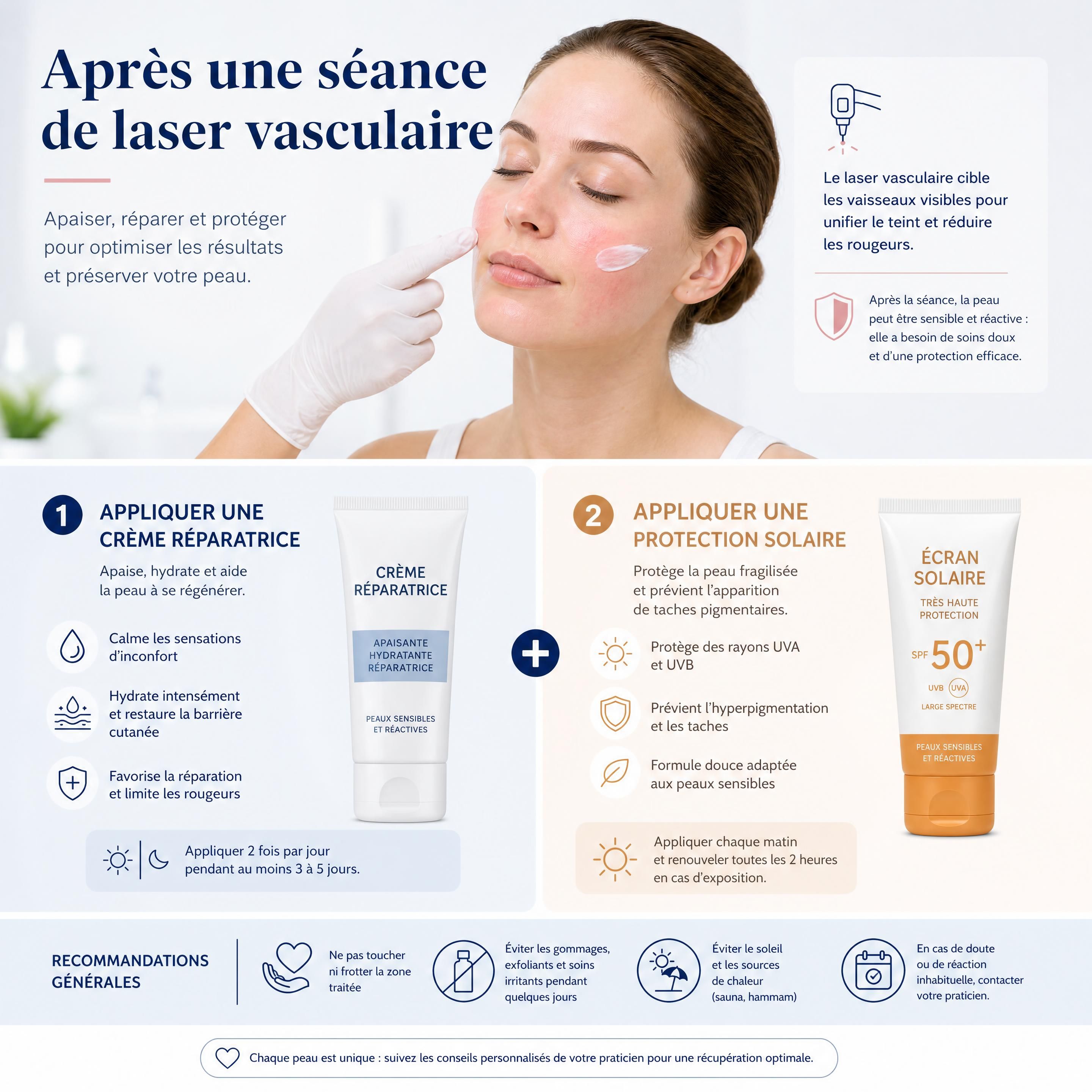Application d'une crème réparatrice et d'une protection solaire après une séance de laser vasculaire