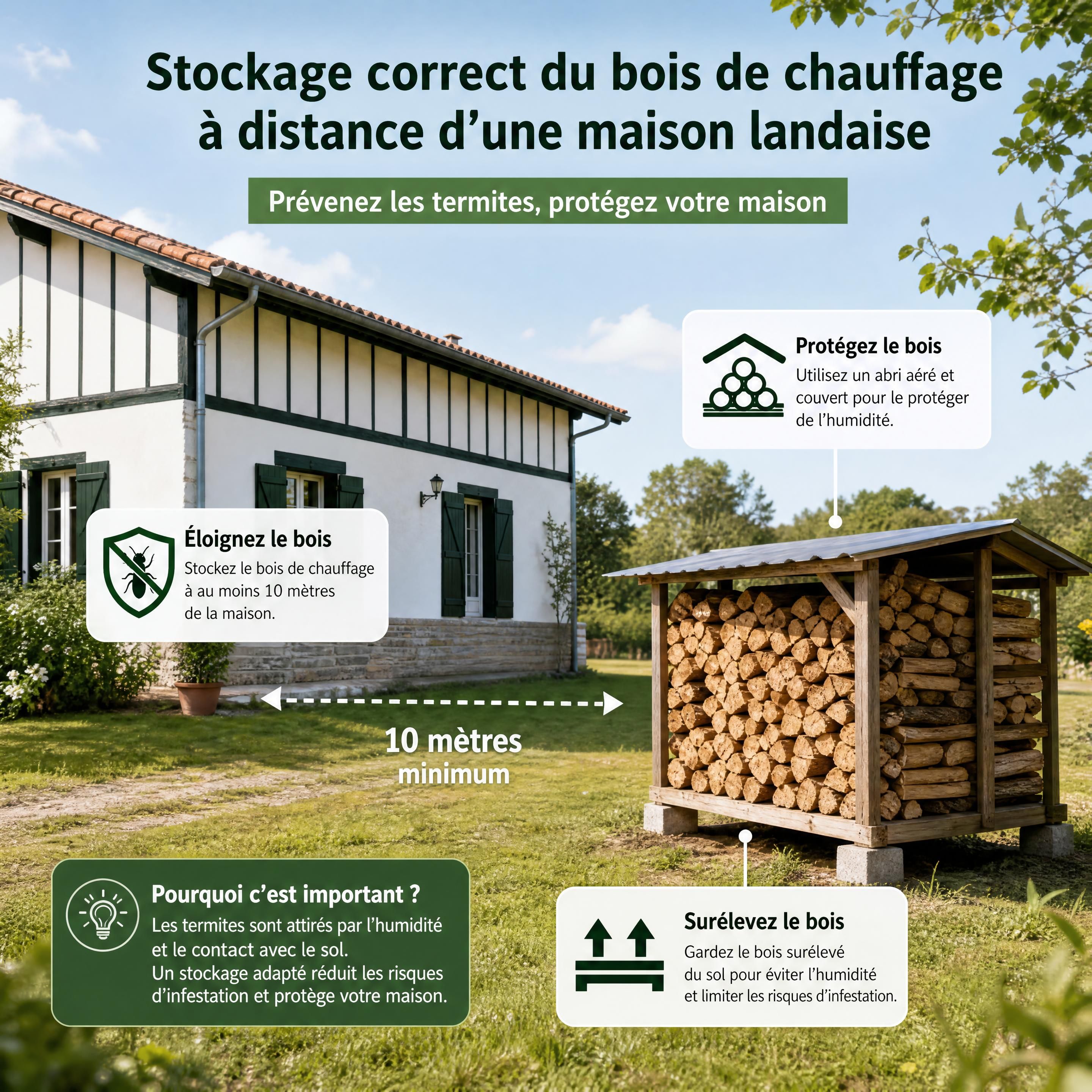 Stockage correct du bois de chauffage à distance d’une maison landaise pour prévenir les termites — Mimizan (Landes, 40200) — Olivier Roussel, conseiller immobilier IAD France
