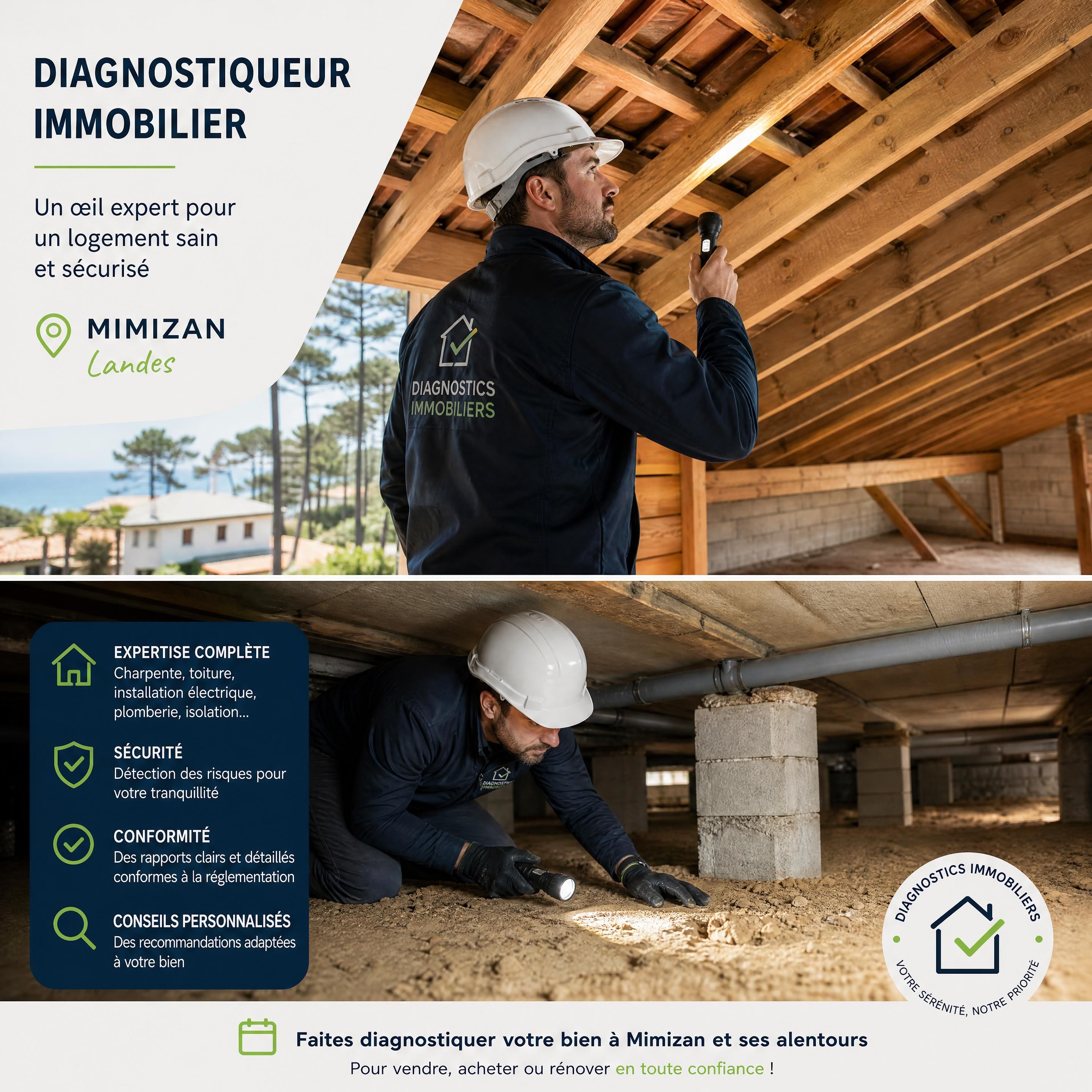 Diagnostiqueur immobilier inspectant une charpente et un vide sanitaire dans une maison de Mimizan — Mimizan (Landes, 40200) — Olivier Roussel, conseiller immobilier IAD France