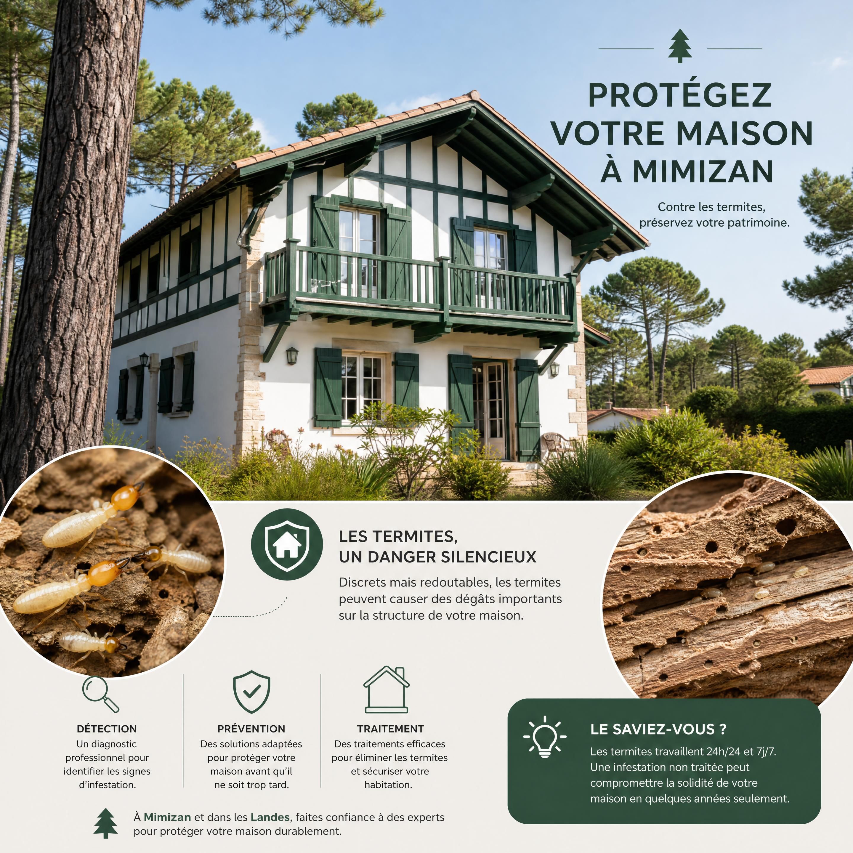 Maison landaise à Mimizan entourée de pins, avec illustration discrète de termites et de bois infesté — Mimizan (Landes, 40200) — Olivier Roussel, conseiller immobilier IAD France