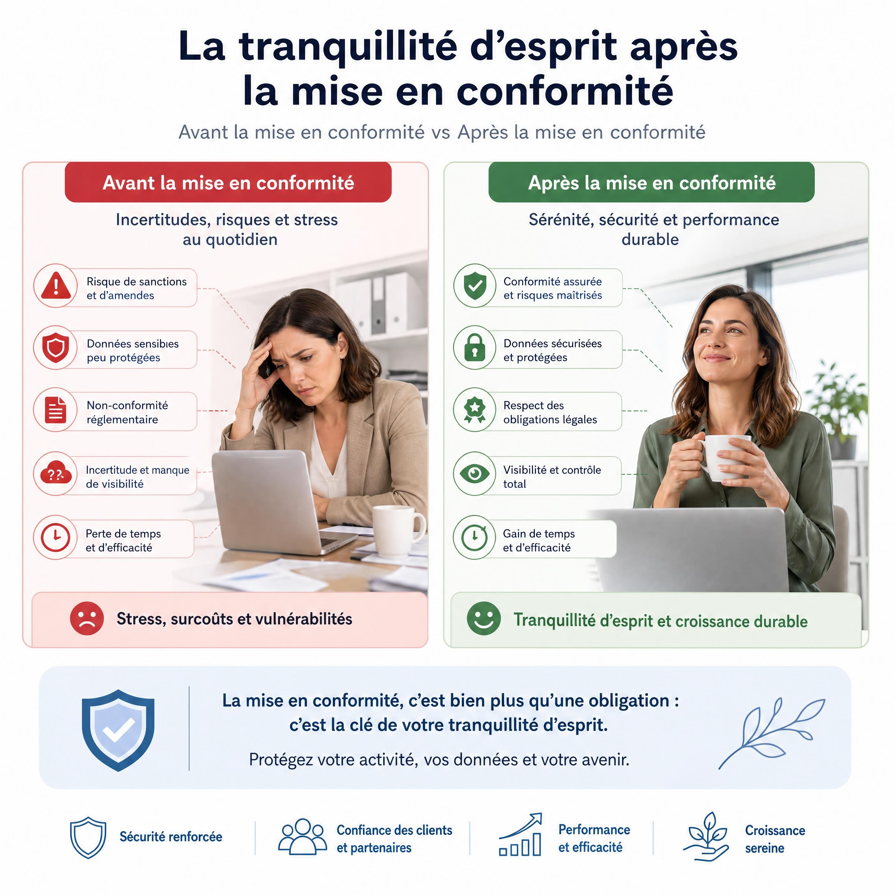 Graphique comparatif montrant la tranquillité d'esprit après la mise en conformité