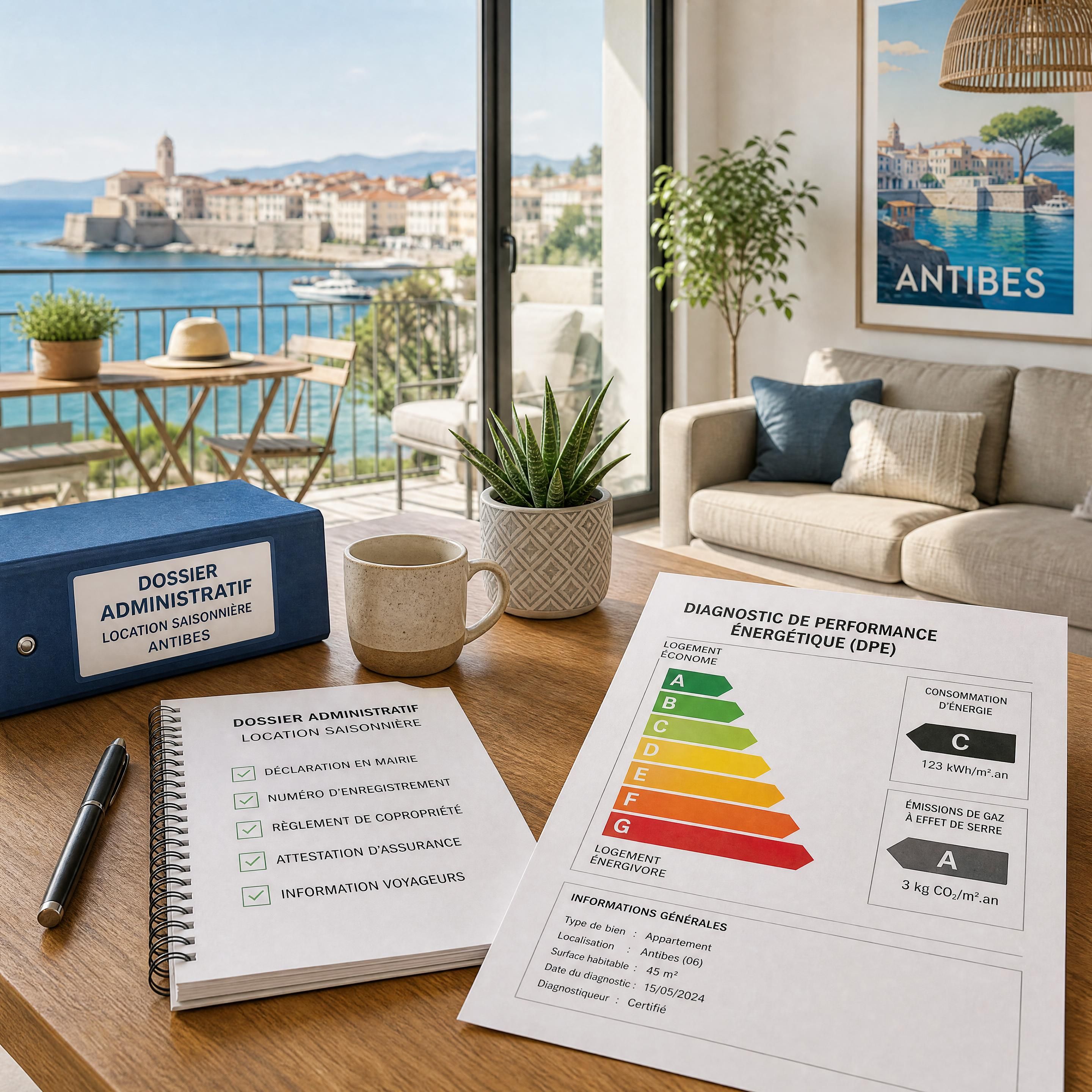 appartement de vacances à Antibes avec dossier administratif et diagnostic énergétique sur une table
