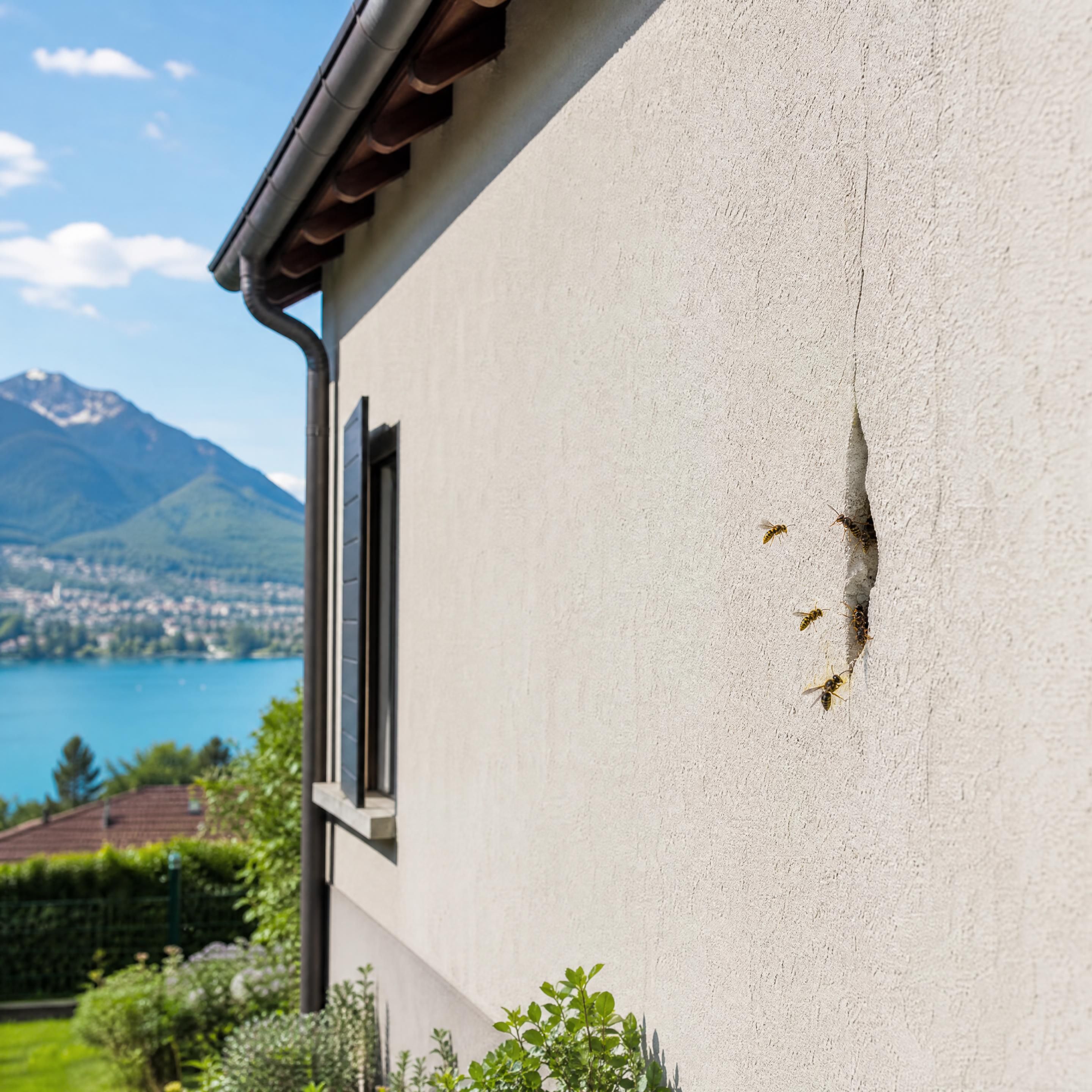 Guêpes entrant régulièrement dans une petite fissure de façade d’une maison à Annecy, vue réaliste à distance, sans personne ni texte