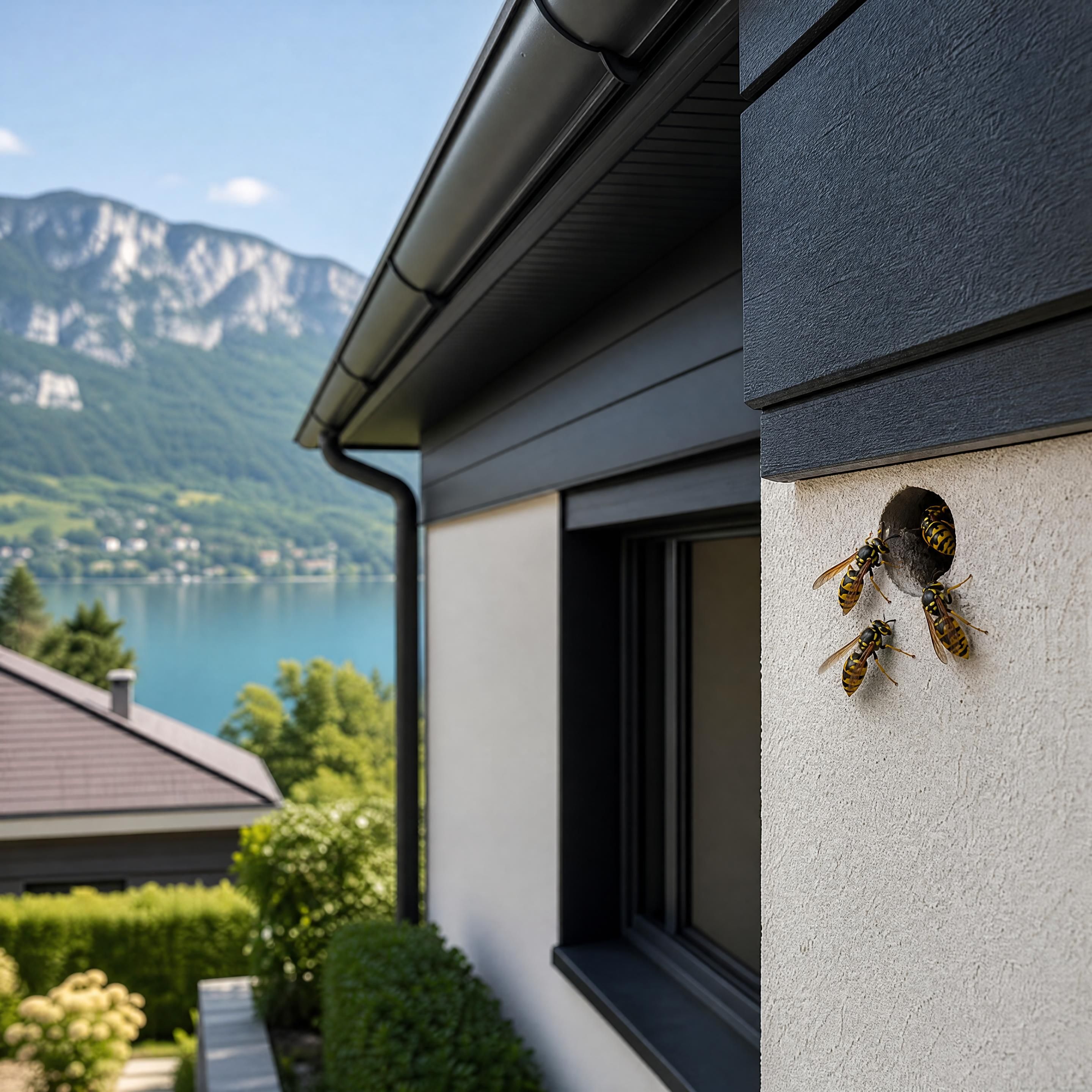 Façade résidentielle du bassin annécien avec une petite ouverture utilisée par des guêpes, observation depuis une distance sécurisée, couleurs naturelles noir anthracite jaune et blanc, sans personne ni texte