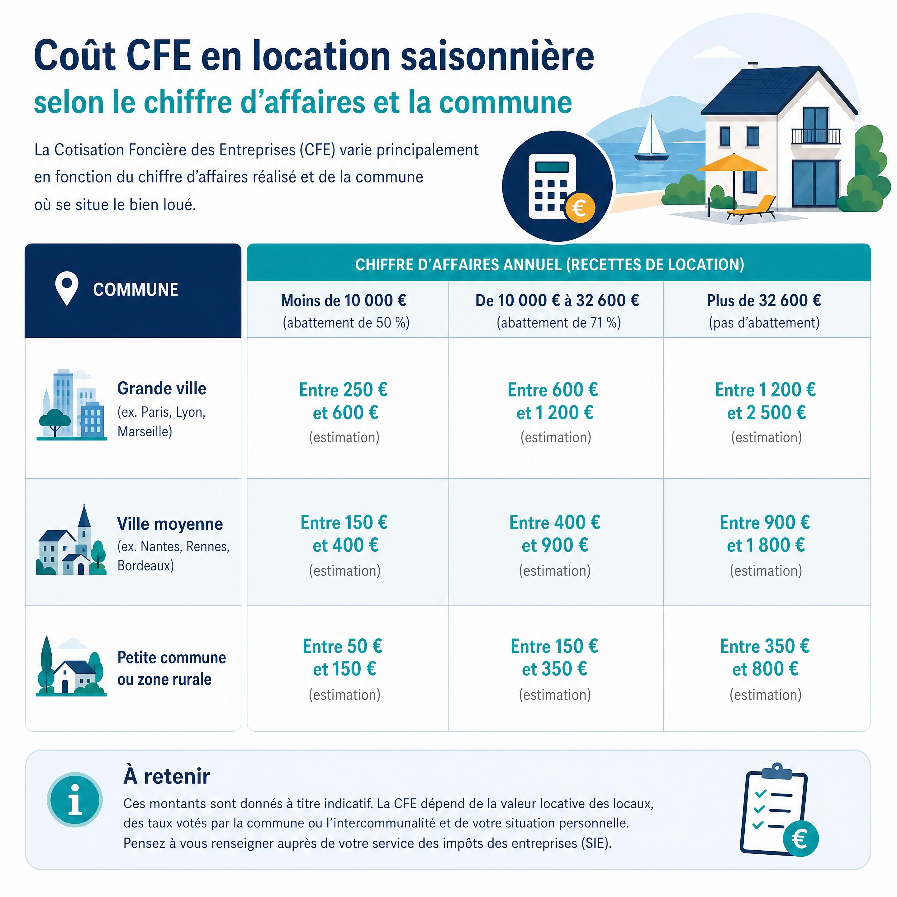 tableau comparatif du coût CFE location saisonnière selon le chiffre d’affaires et la commune