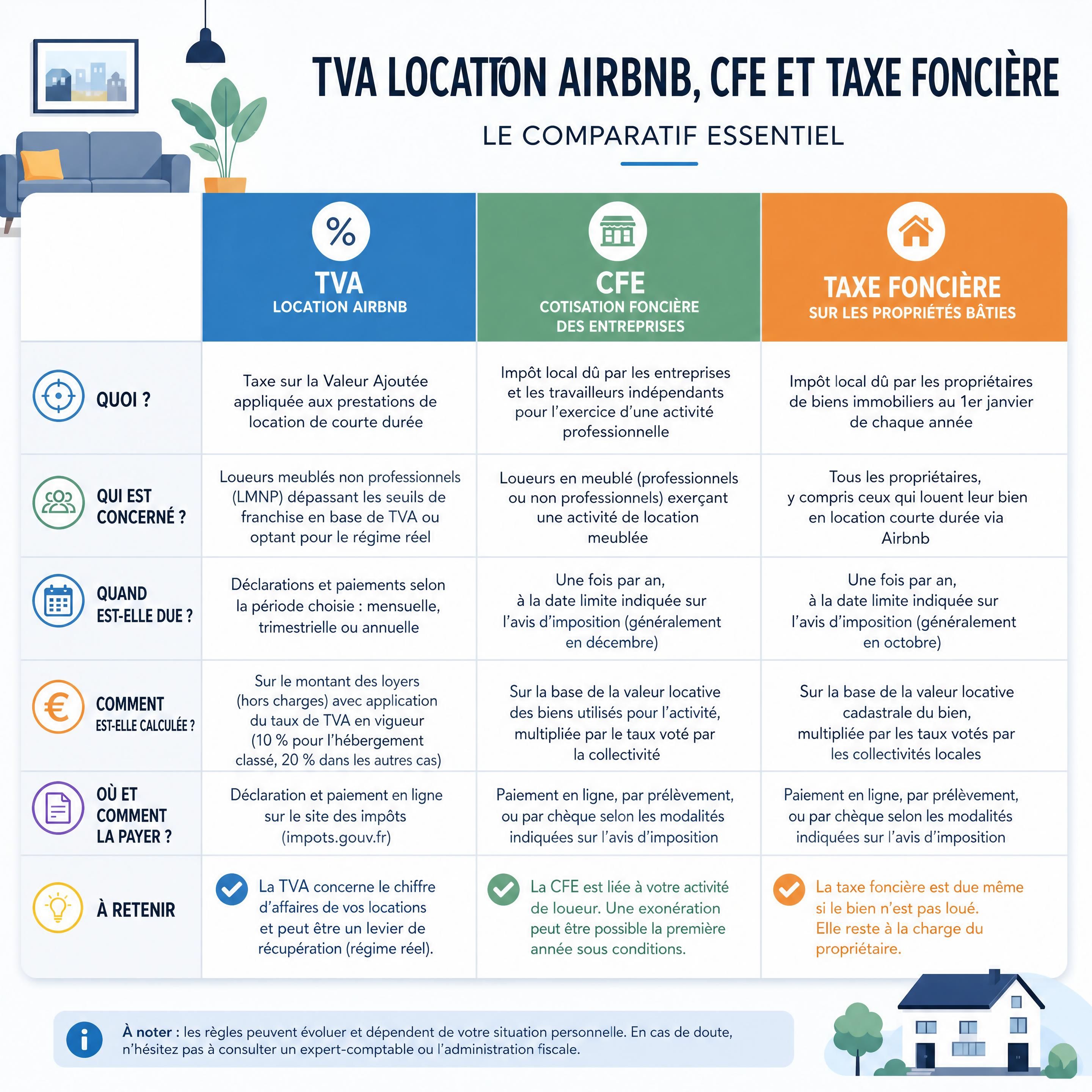 Tableau comparatif entre TVA location Airbnb, CFE et taxe foncière