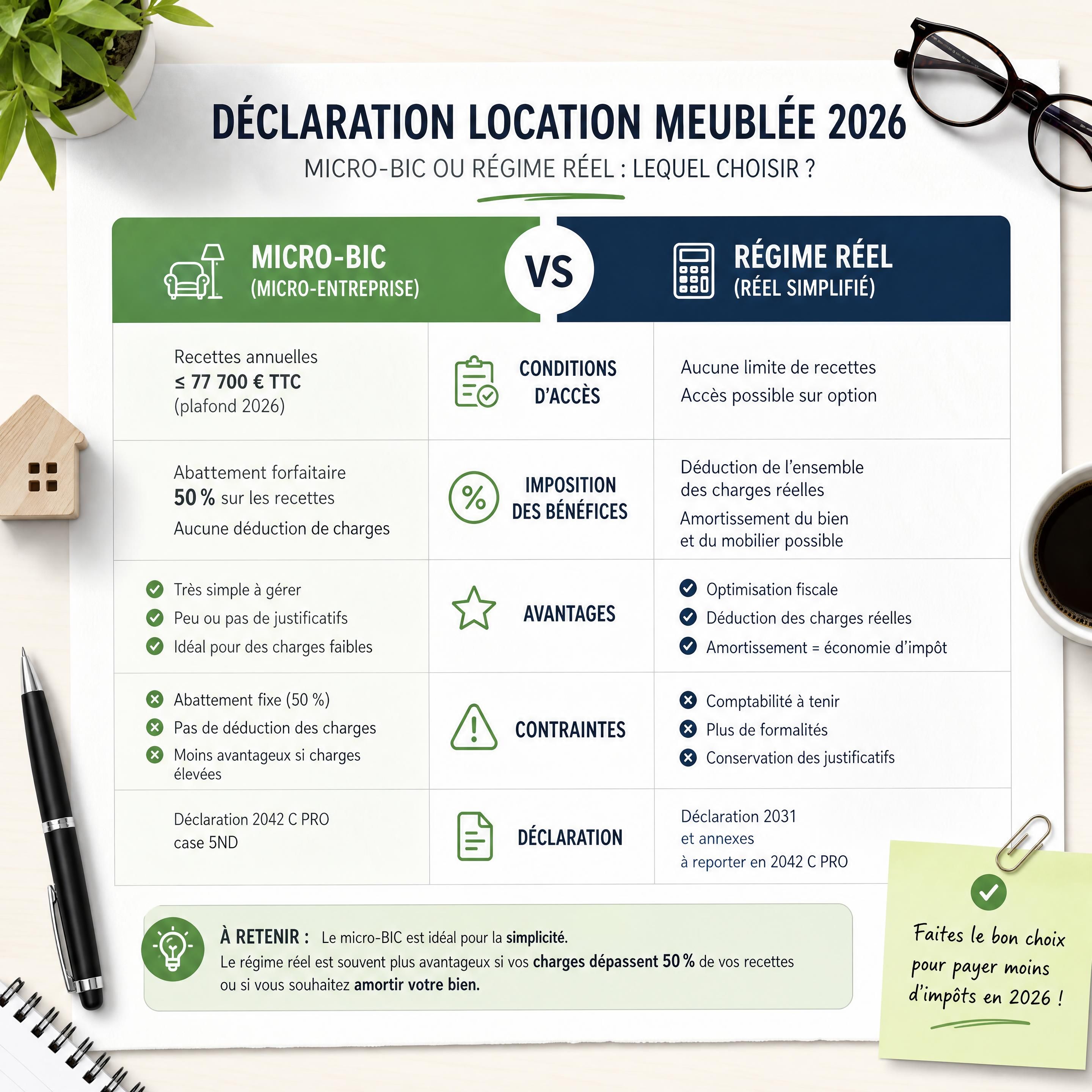 tableau papier comparant micro-BIC et régime réel pour une déclaration location meublée 2026