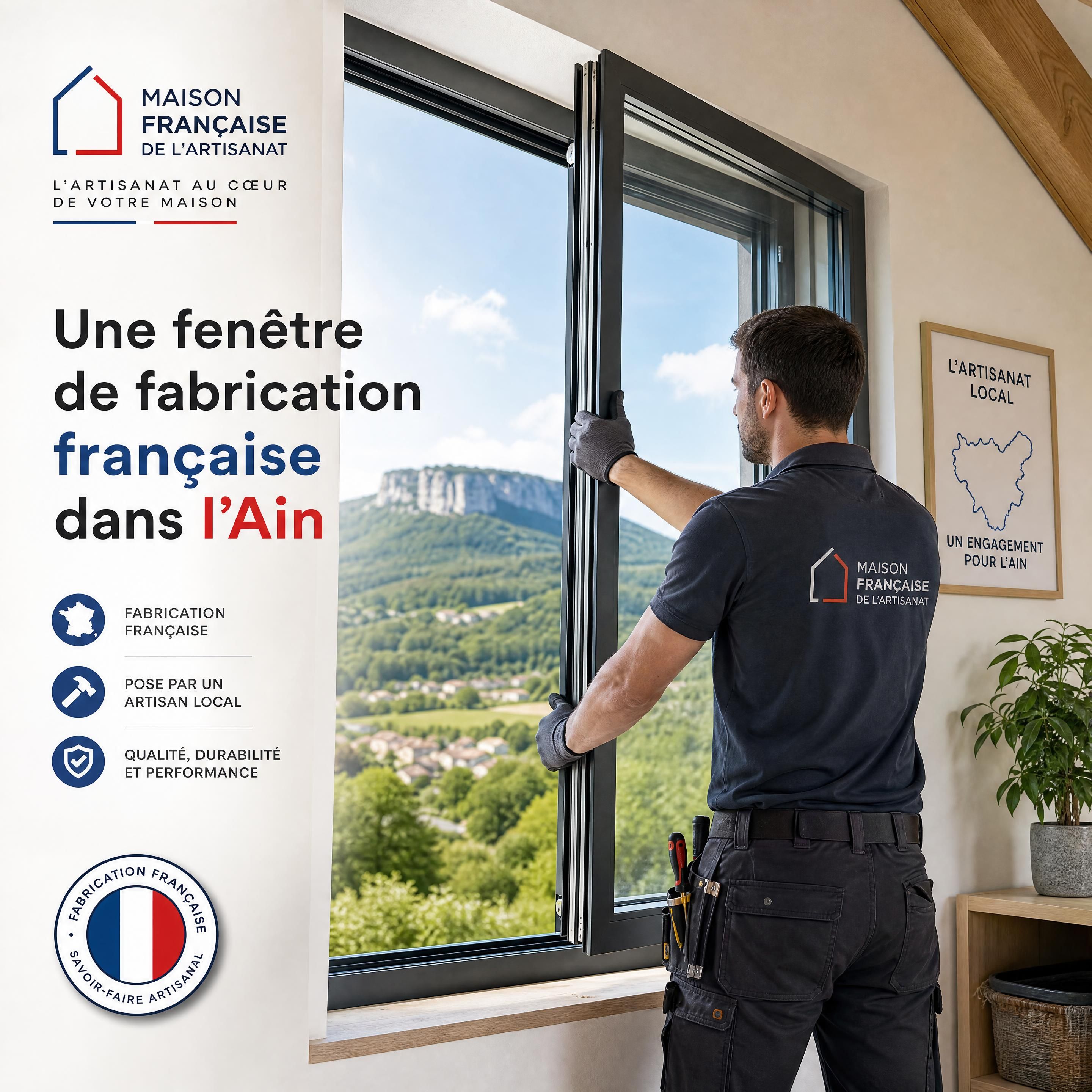 Artisan local de Maison Française de l’Artisanat posant une fenêtre de fabrication française dans une maison de l’Ain