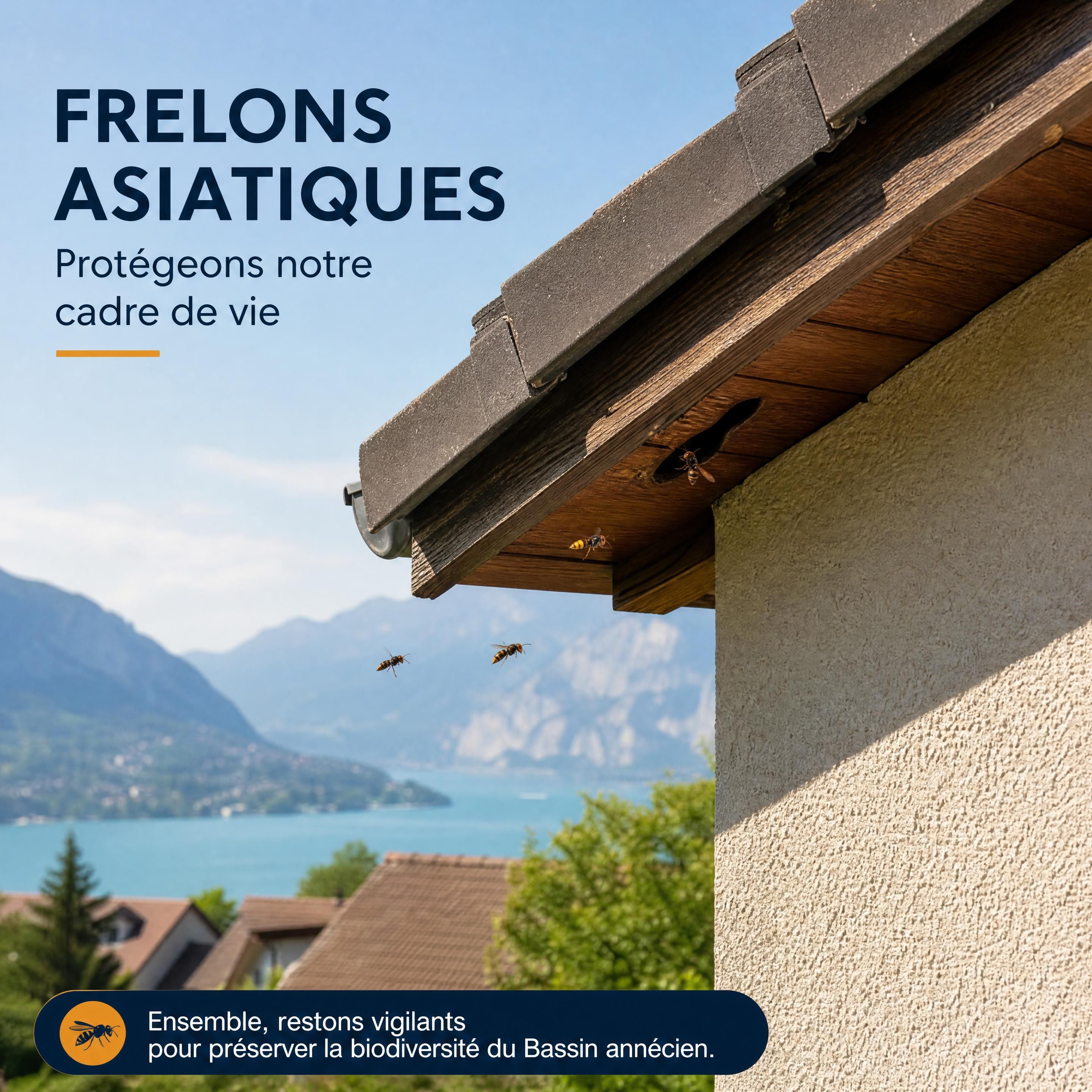 Vue réaliste d’une maison du bassin annécien avec une activité discrète de frelons asiatiques autour d’une ouverture sous un avant-toit, sans personne ni équipement visible