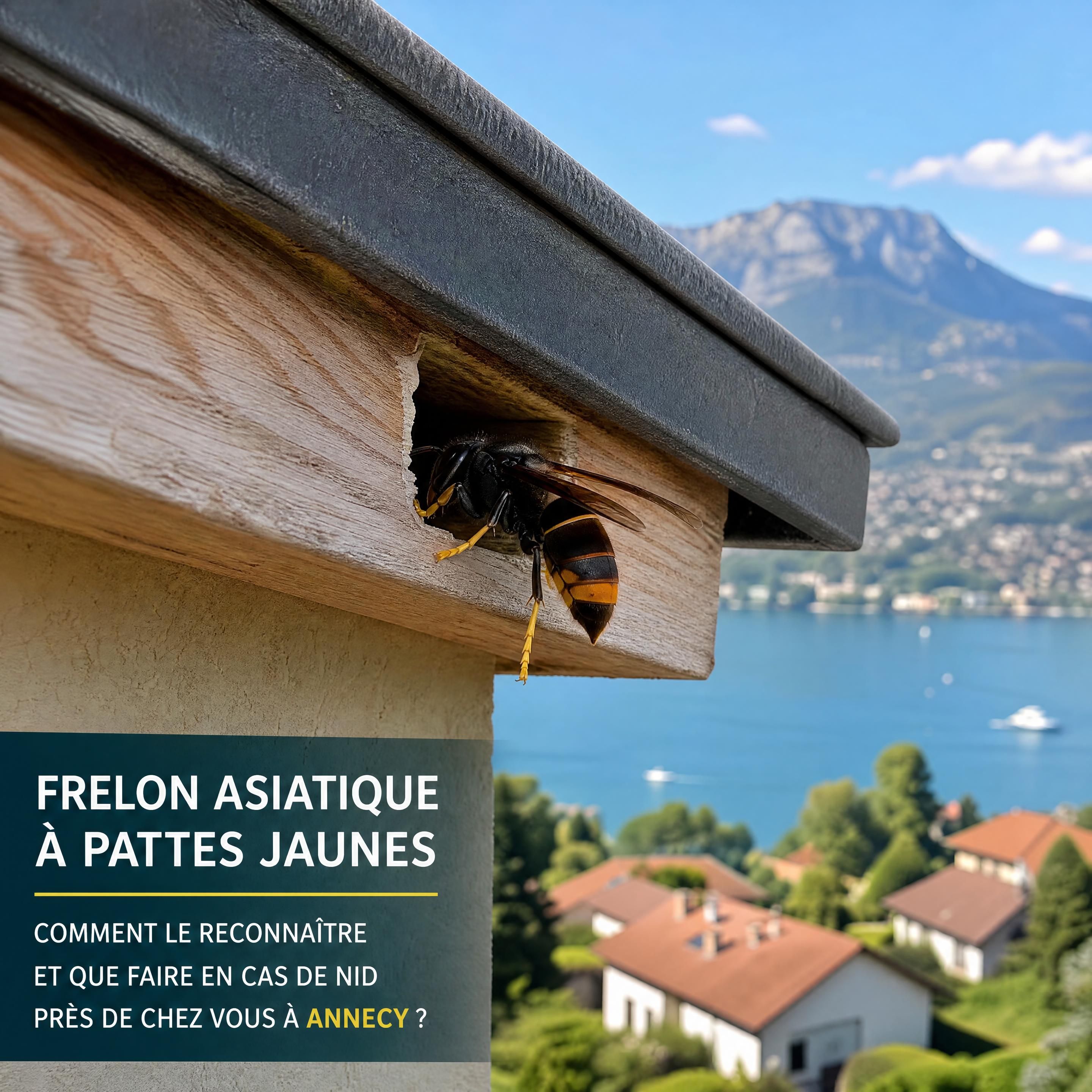 Frelon asiatique à pattes jaunes entrant dans une ouverture sous la toiture d’une maison à Annecy, image réaliste et horizontale sans personne ni technicien