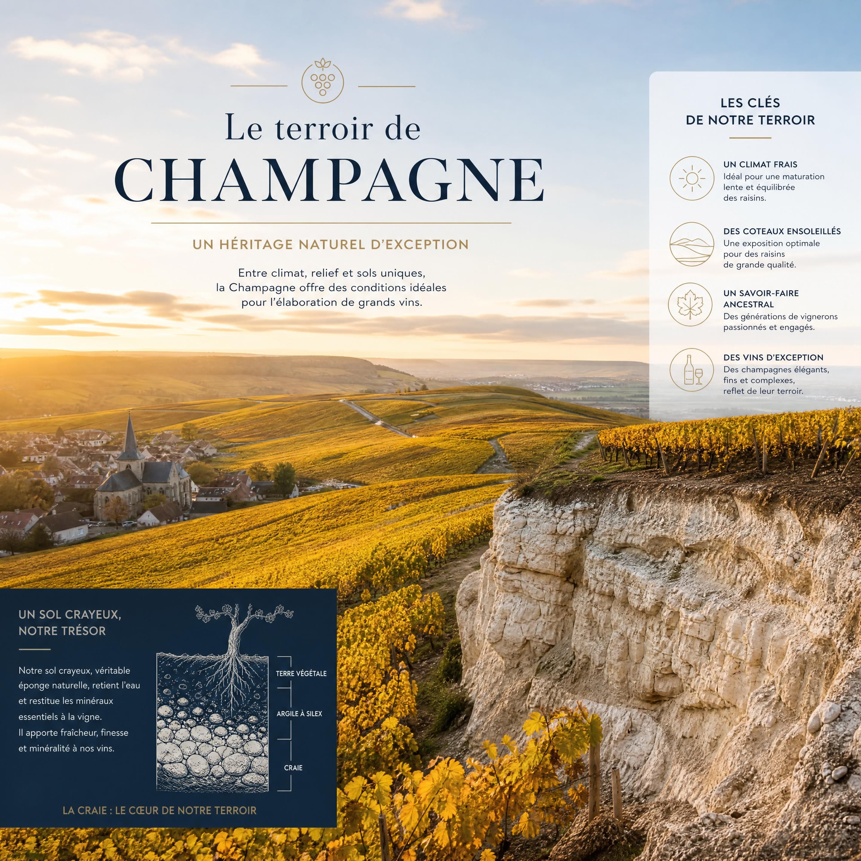 Vue panoramique sur le terroir de Champagne, mettant en lumière des coteaux de vignes dorées sous une lumière automnale douce, illustrant la richesse géologique du sol crayeux.
