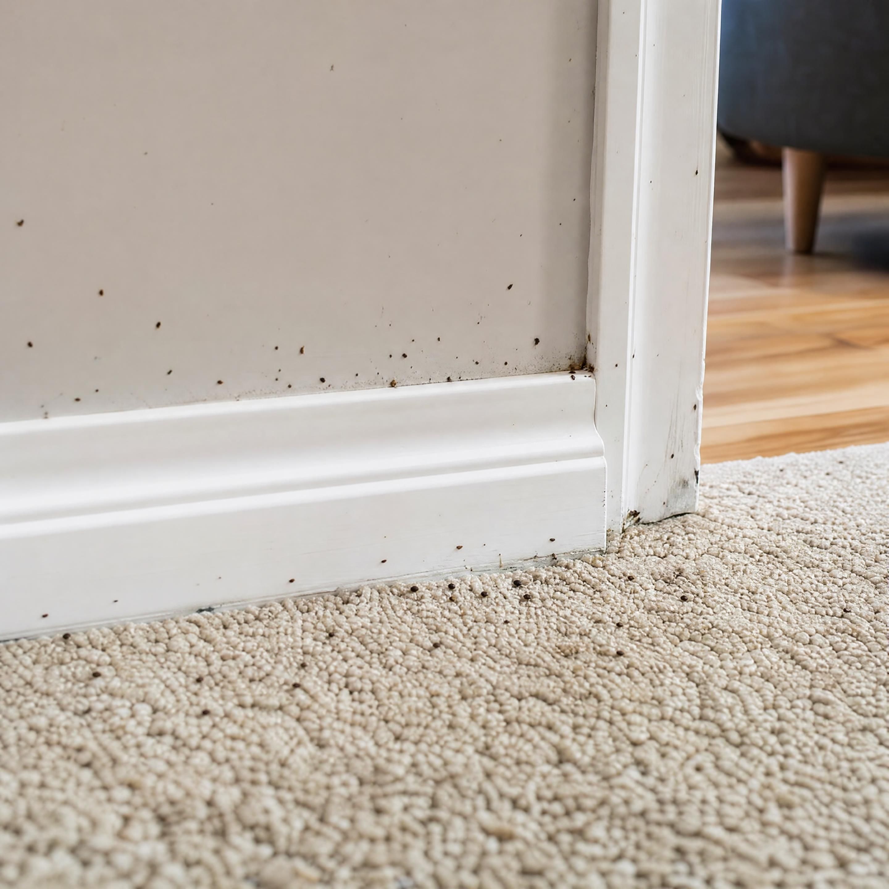 tapis et plinthes d’un logement avec indices discrets compatibles avec une présence de puces, photographie réaliste sans personne ni texte