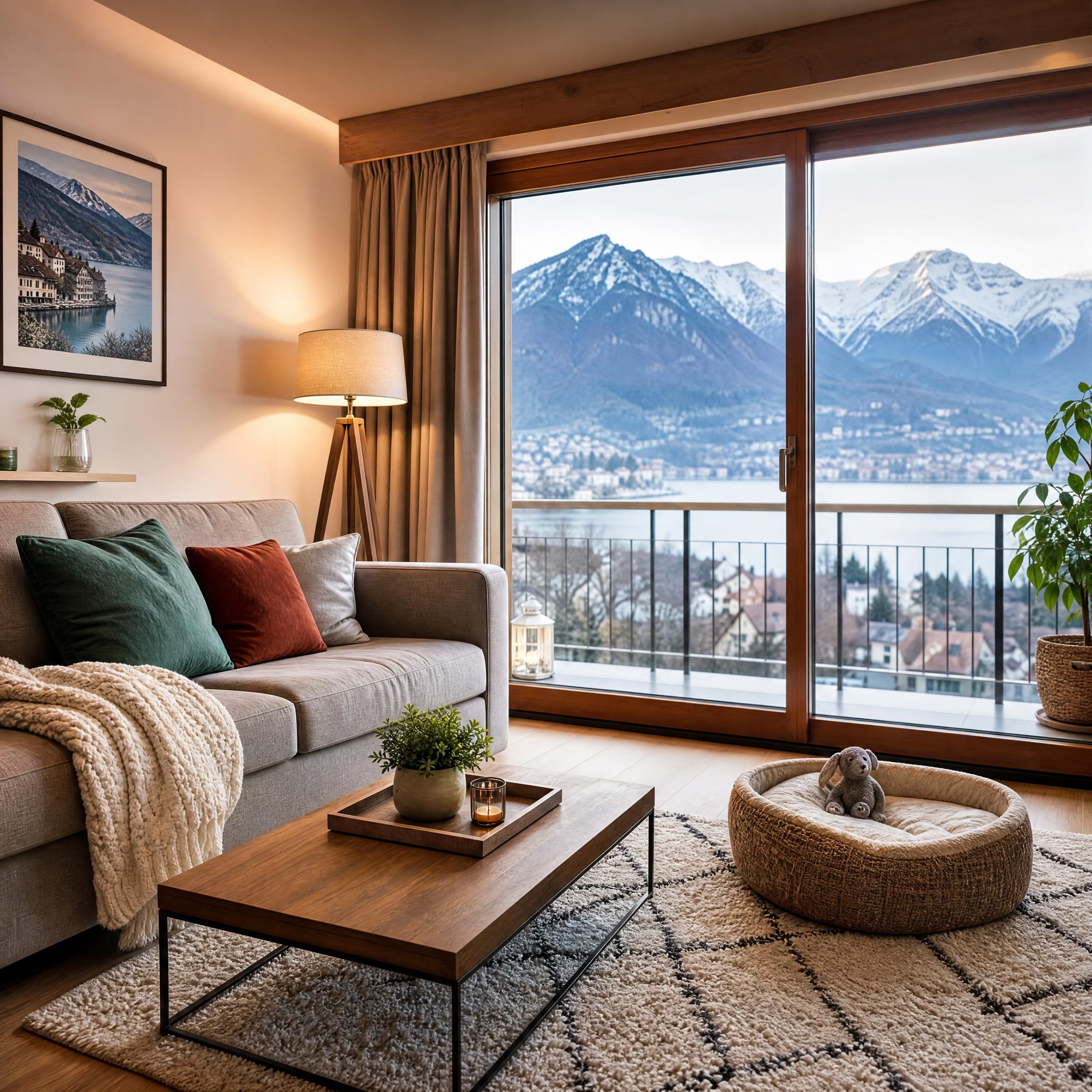 intérieur d’un appartement chauffé à Annecy avec tapis, canapé et panier pour chien ou chat, scène réaliste sans personne ni texte
