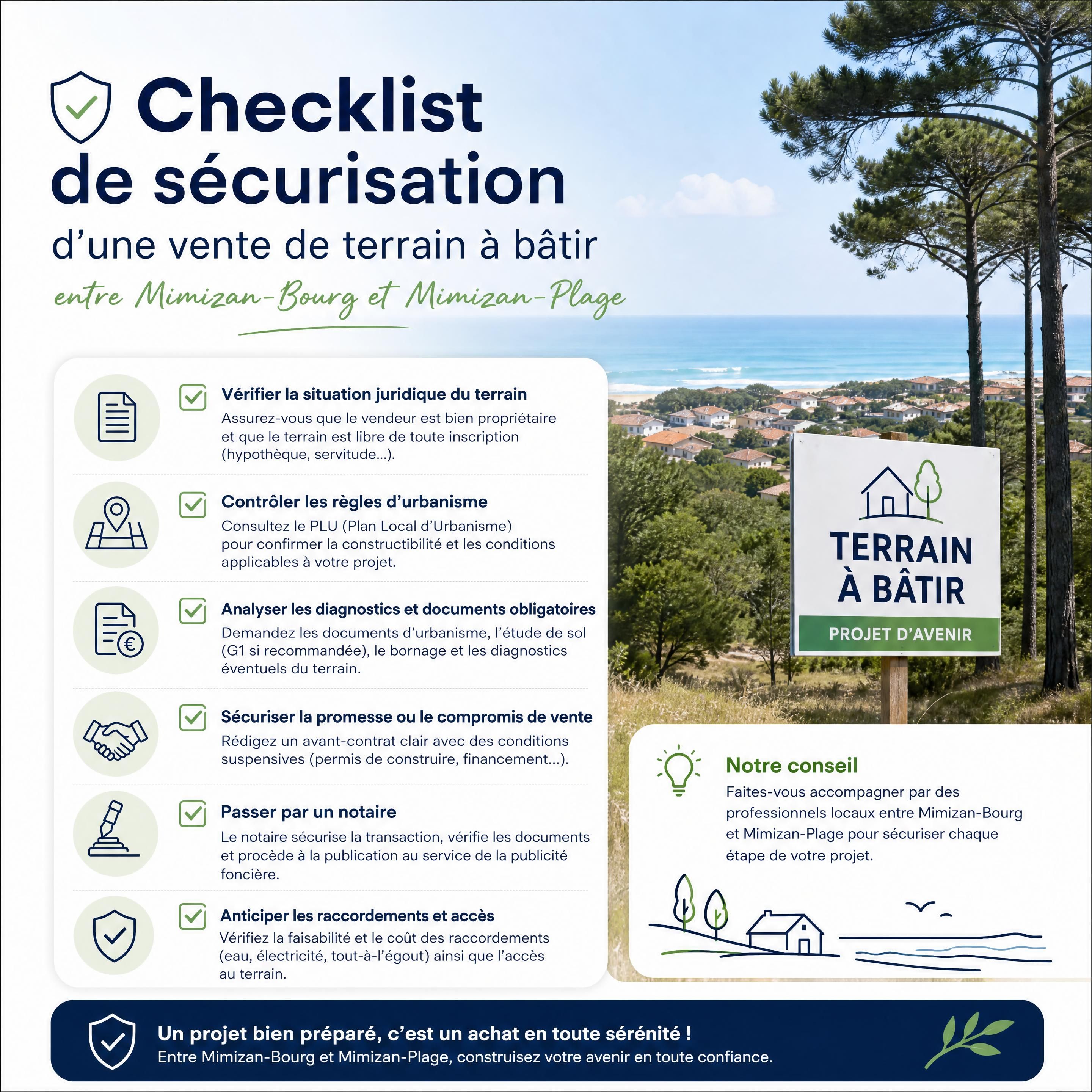 Checklist de sécurisation d’une vente de terrain à bâtir entre Mimizan-Bourg et Mimizan-Plage — Mimizan (Landes, 40200) — Olivier Roussel, conseiller immobilier IAD France