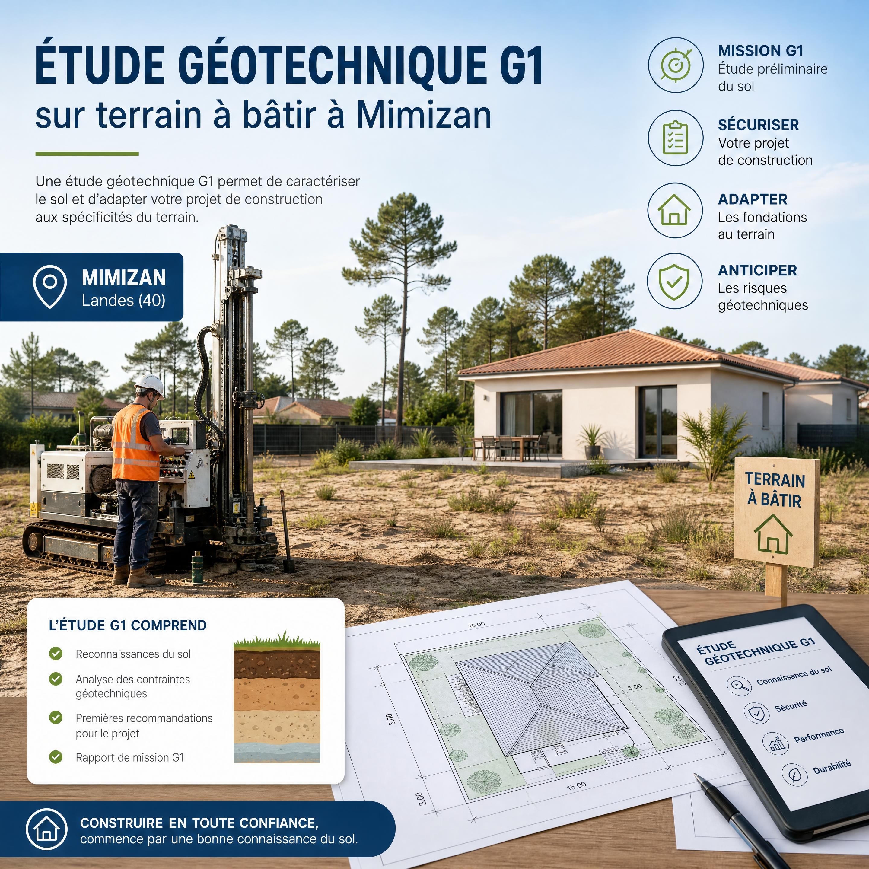 Étude géotechnique G1 sur terrain à bâtir à Mimizan avec implantation d’une maison individuelle — Mimizan (Landes, 40200) — Olivier Roussel, conseiller immobilier IAD France