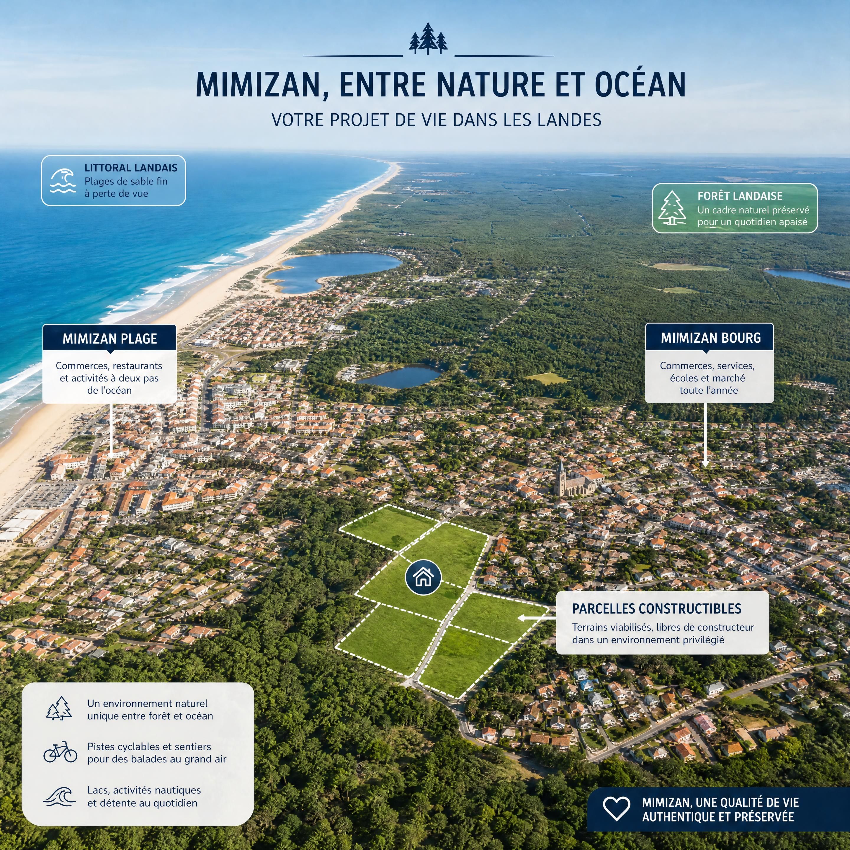 Vue aérienne de Mimizan-Bourg et Mimizan-Plage avec parcelles constructibles, forêt landaise et littoral — Mimizan (Landes, 40200) — Olivier Roussel, conseiller immobilier IAD France
