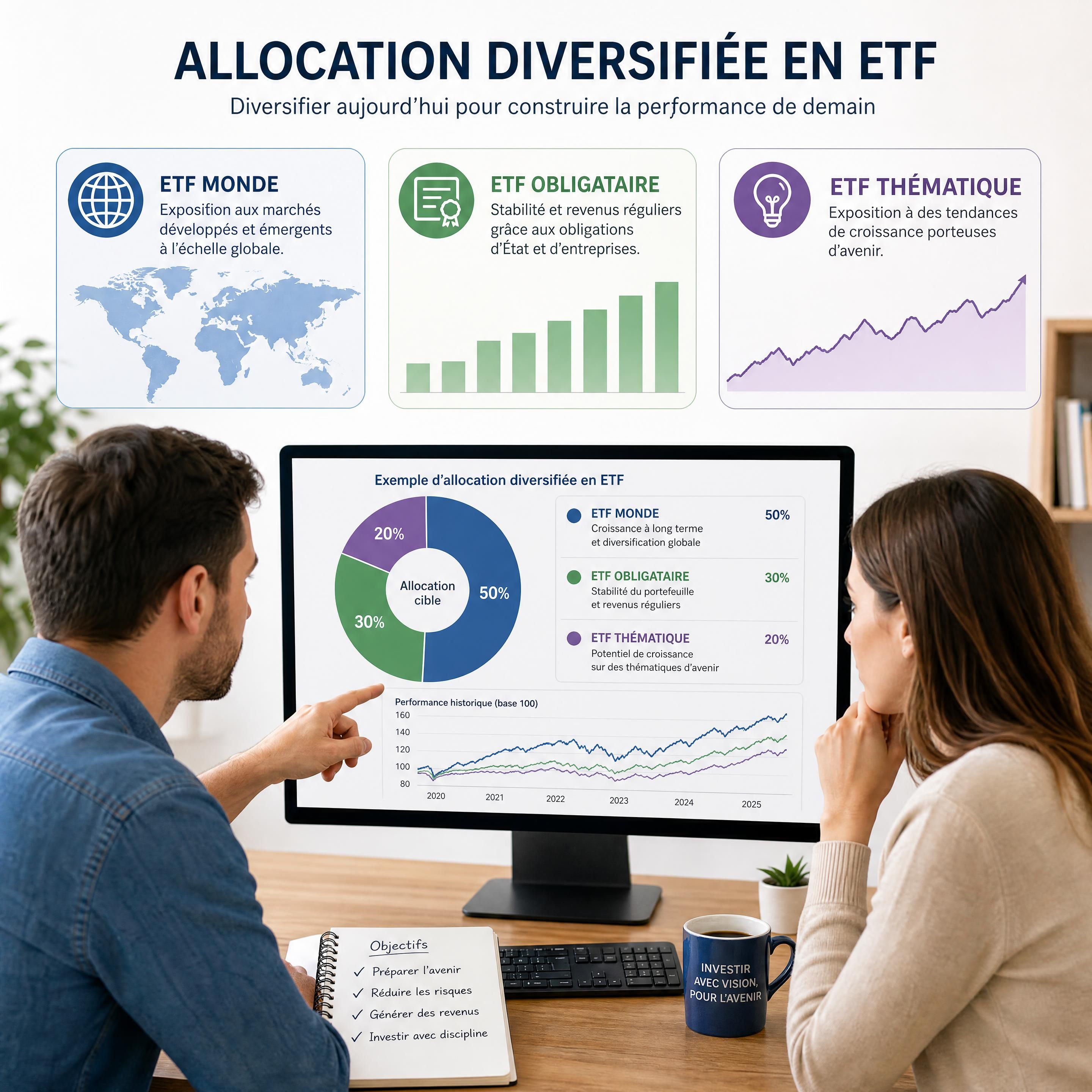 couple d’investisseurs examinant une allocation diversifiée d’ETF sur un ordinateur, avec graphiques représentant un ETF monde, un ETF obligataire et un ETF thématique