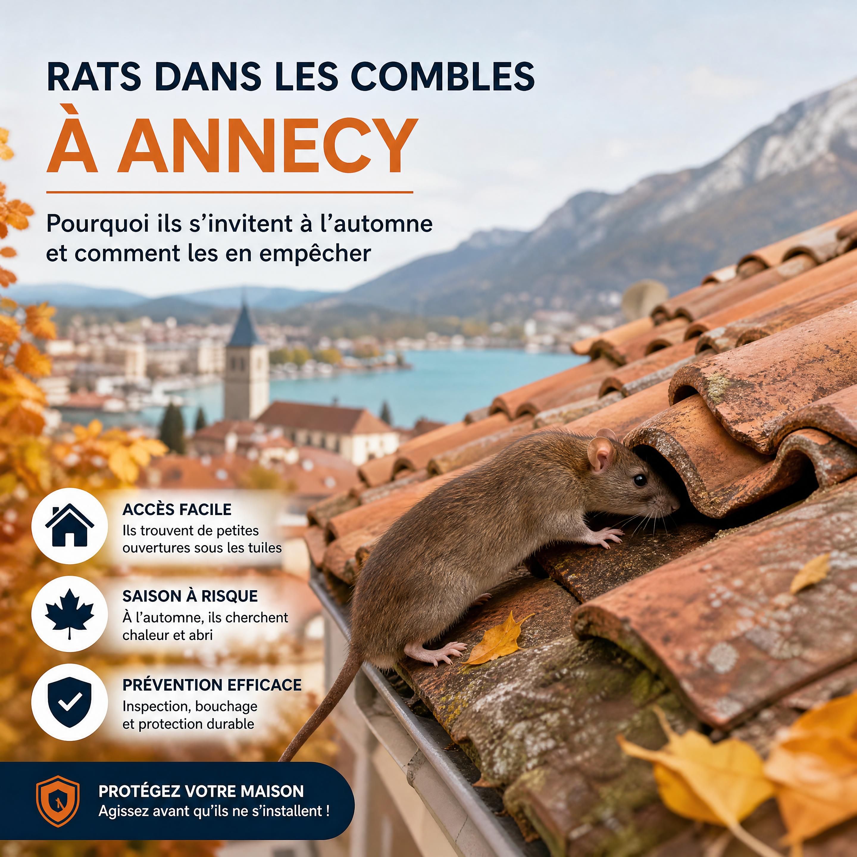 Un rat brun cherchant à s'introduire sous les tuiles d'un toit à Annecy à l'automne
