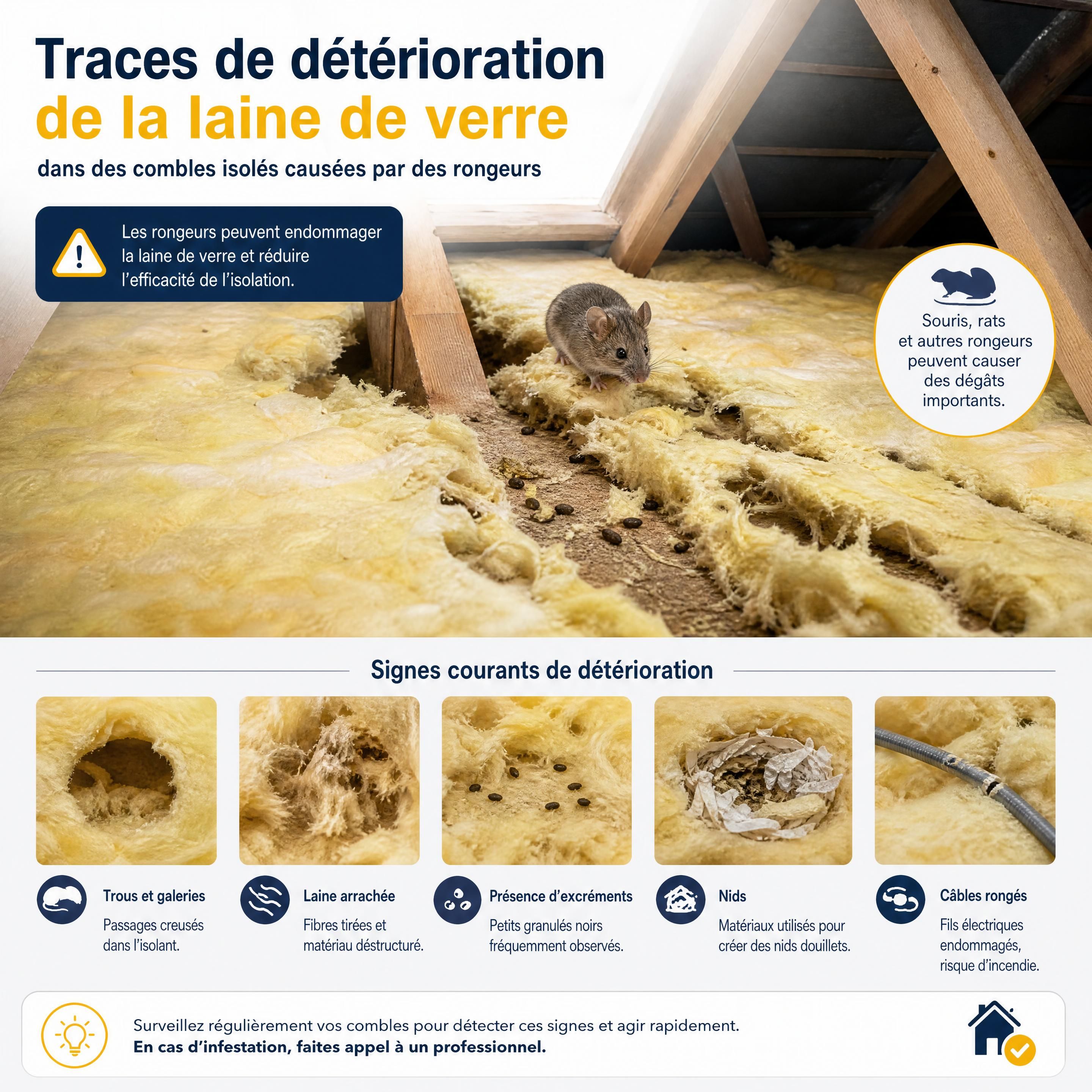 Traces de détérioration de la laine de verre dans des combles isolés causées par des rongeurs