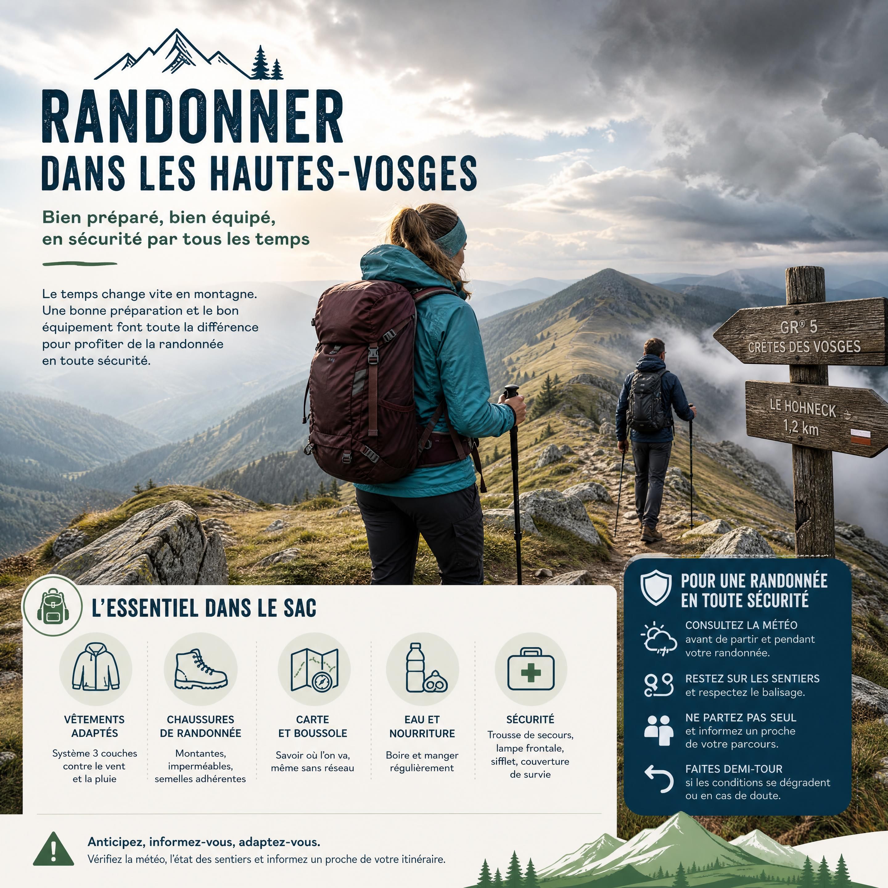 Randonneurs équipés marchant sur les crêtes des Hautes-Vosges par temps changeant, illustrant la préparation et la sécurité en montagne