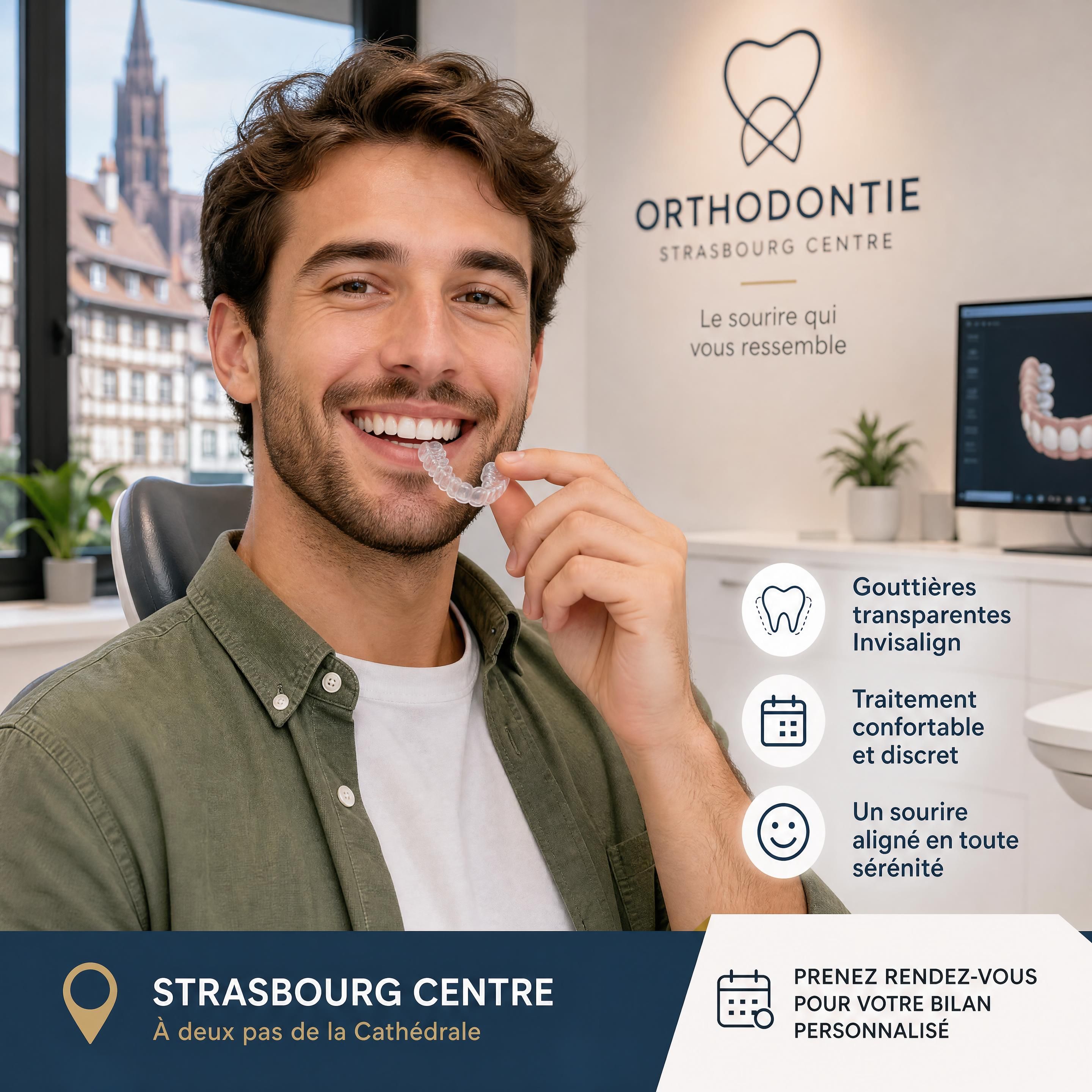 Patient adulte souriant portant des gouttières transparentes Invisalign dans un cabinet d’orthodontie à Strasbourg centre