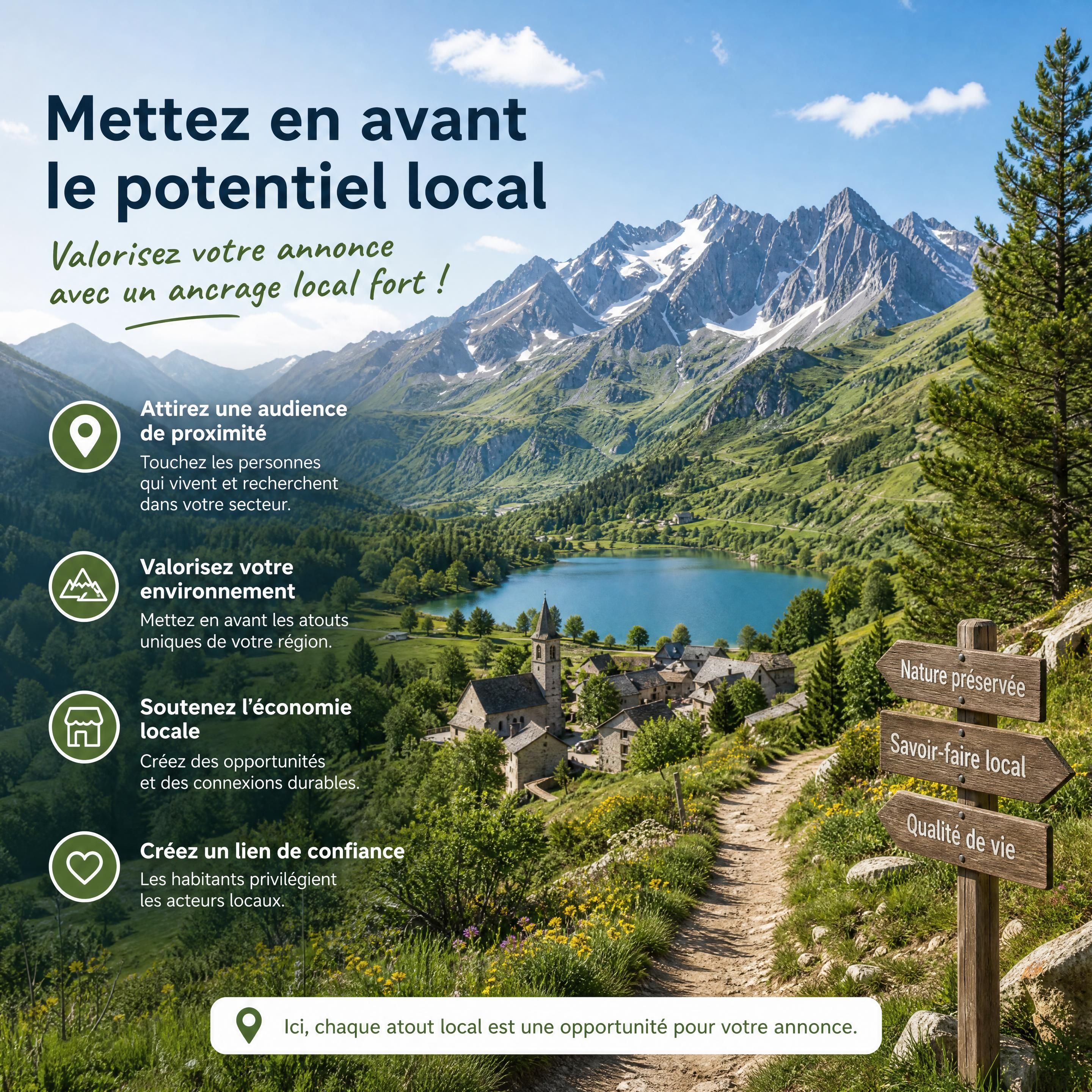 Paysage pittoresque des Pyrénées pour illustrer le potentiel de mise en avant locale dans une annonce