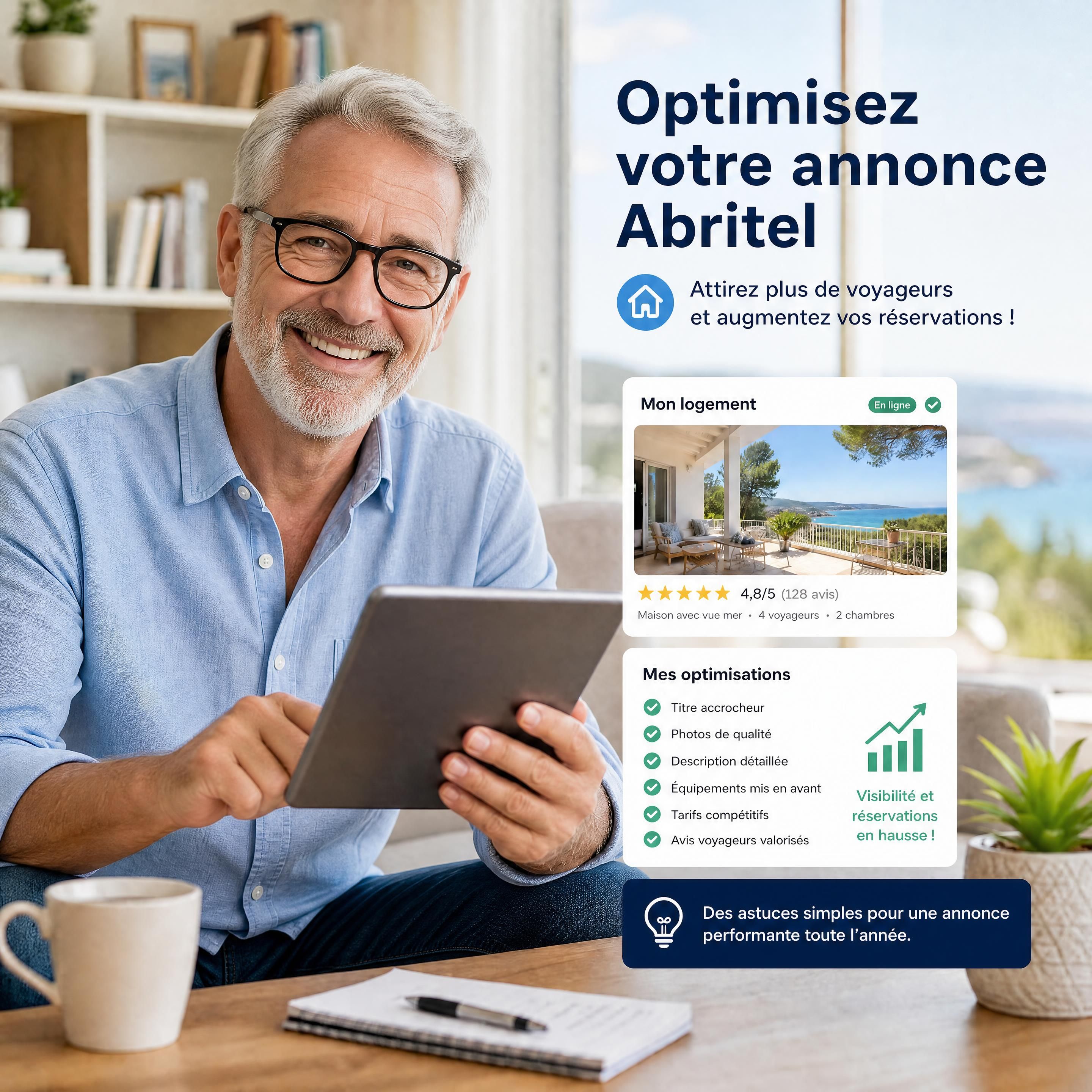 Propriétaire senior souriant consultant son annonce de location saisonnière sur une tablette pour optimiser son annonce Abritel
