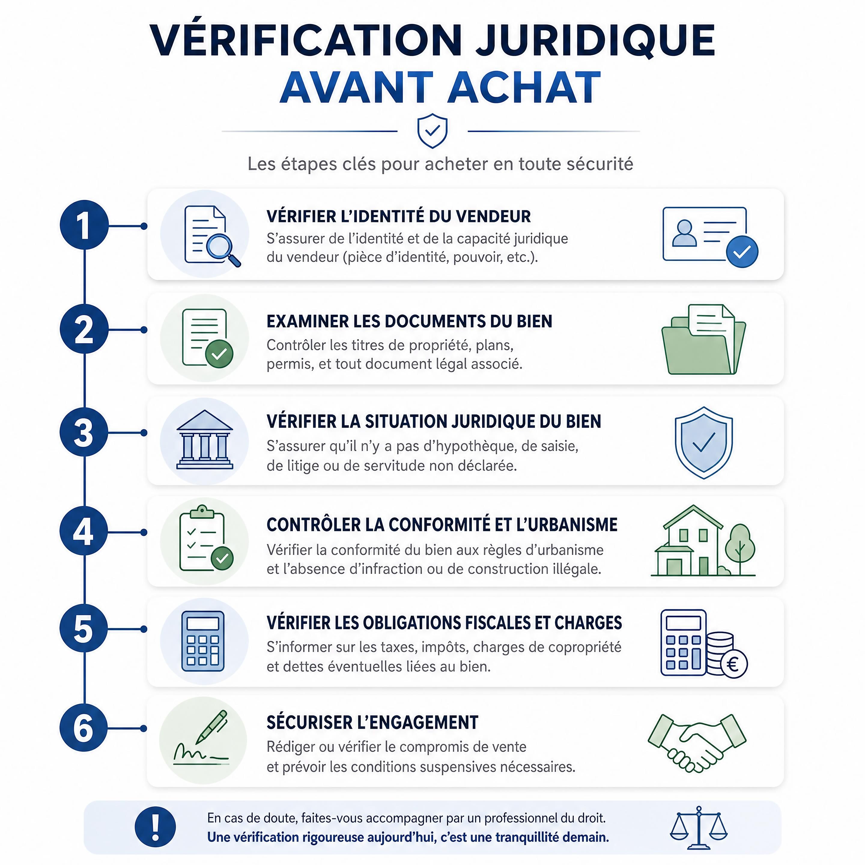 Infographie simple montrant les étapes de vérification juridique avant achat