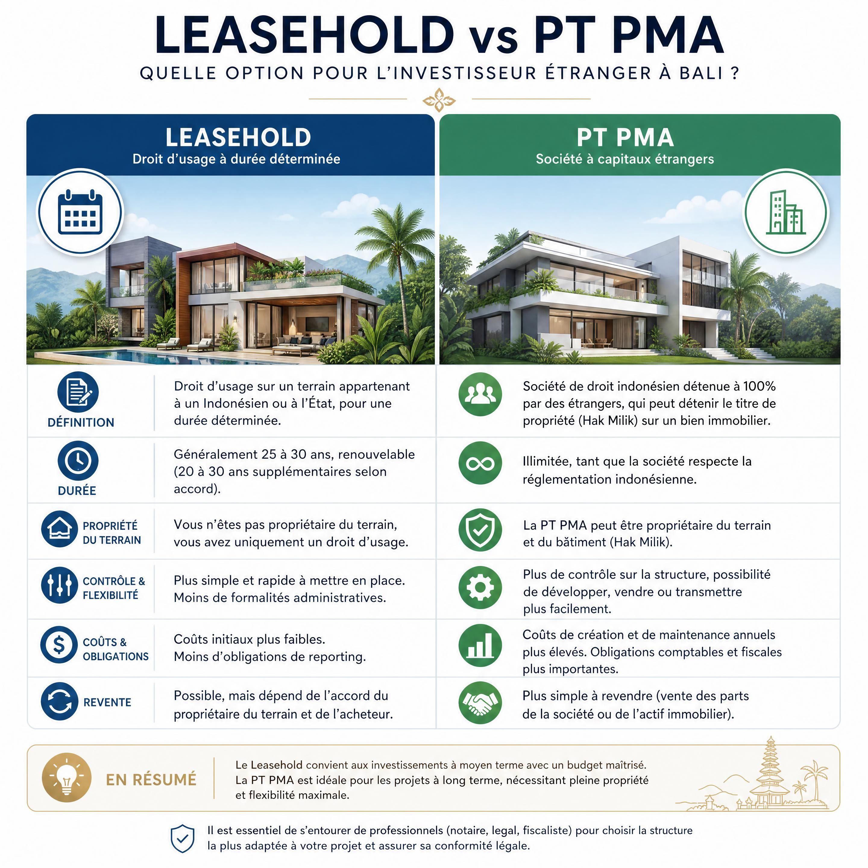 Schéma illustrant la différence entre Leasehold et PT PMA pour un investisseur étranger
