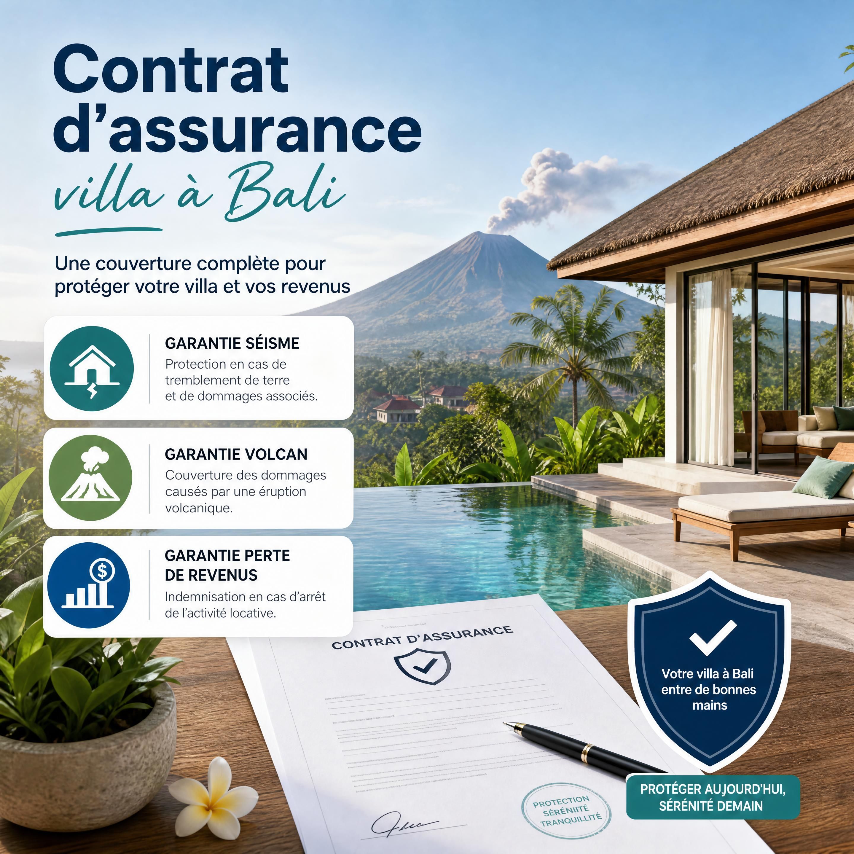 Contrat d’assurance villa à Bali avec garanties séisme, volcan et perte de revenus