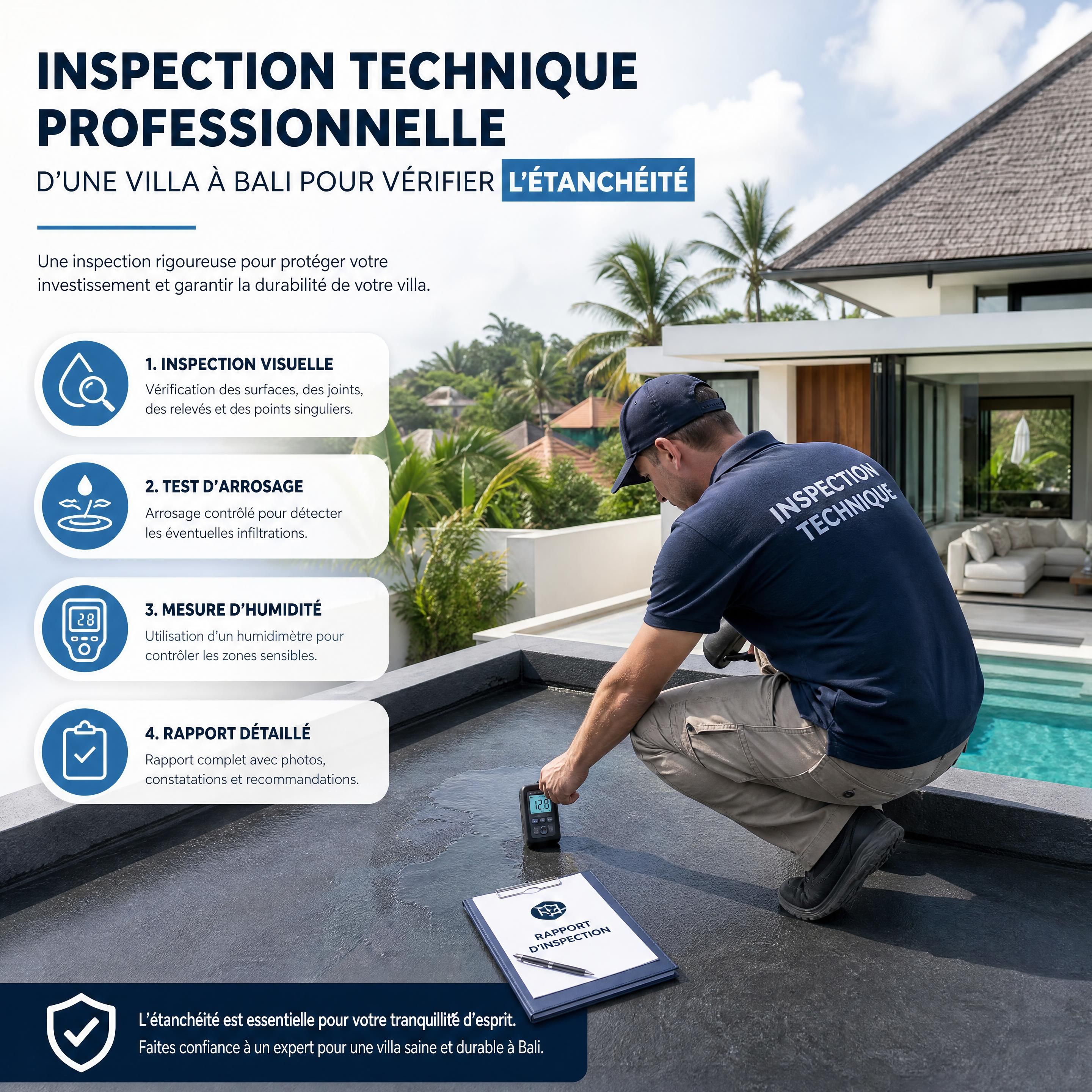 Inspection technique professionnelle d'une villa à Bali pour vérifier l'étanchéité