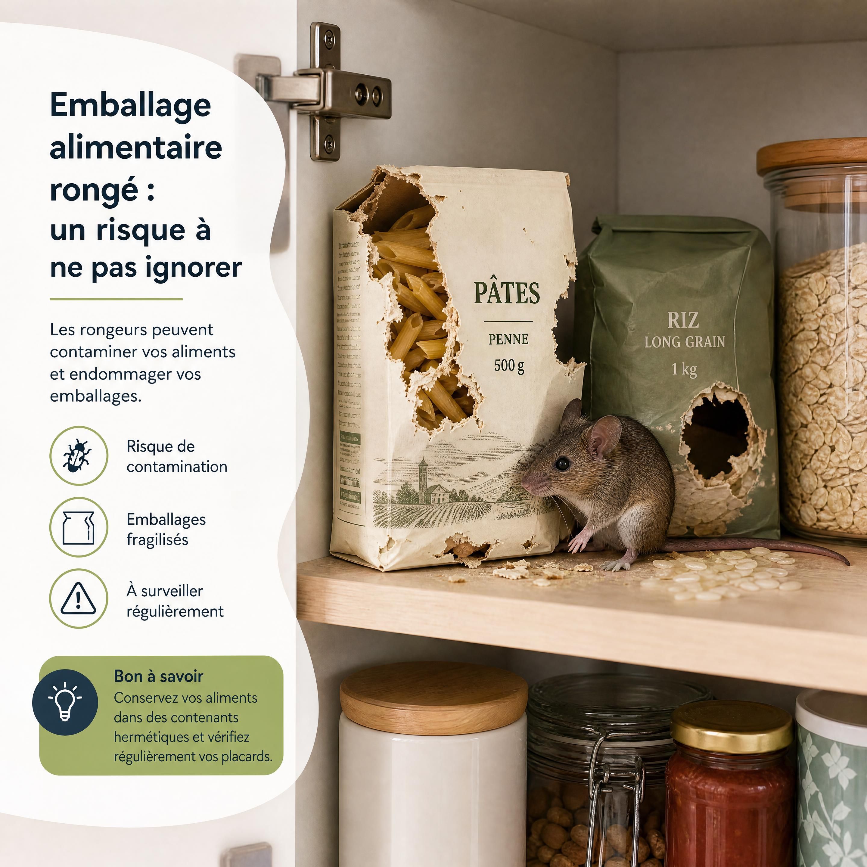 Emballage alimentaire rongé dans un placard de cuisine