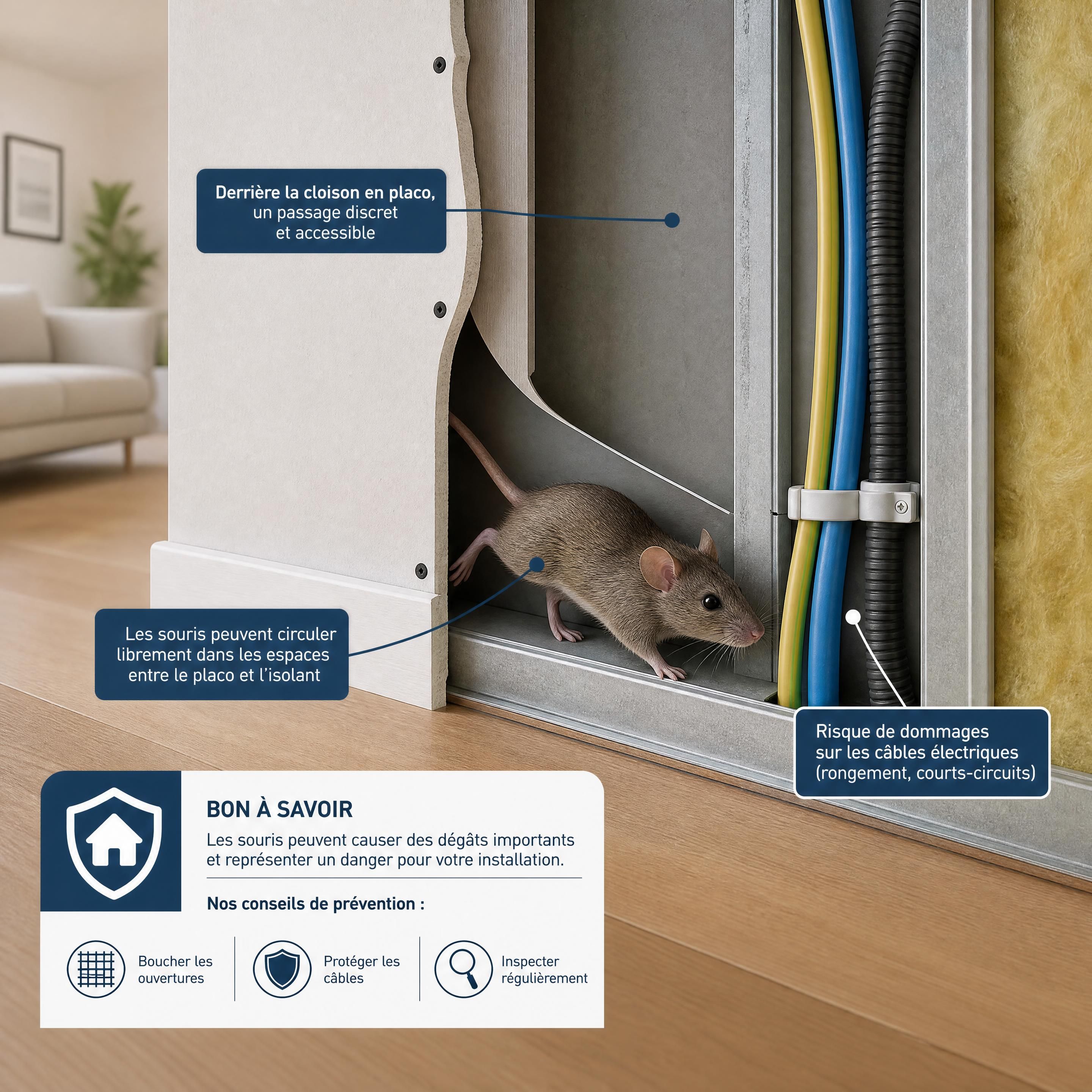 Souris circulant derrière une cloison en placo près de câbles électriques