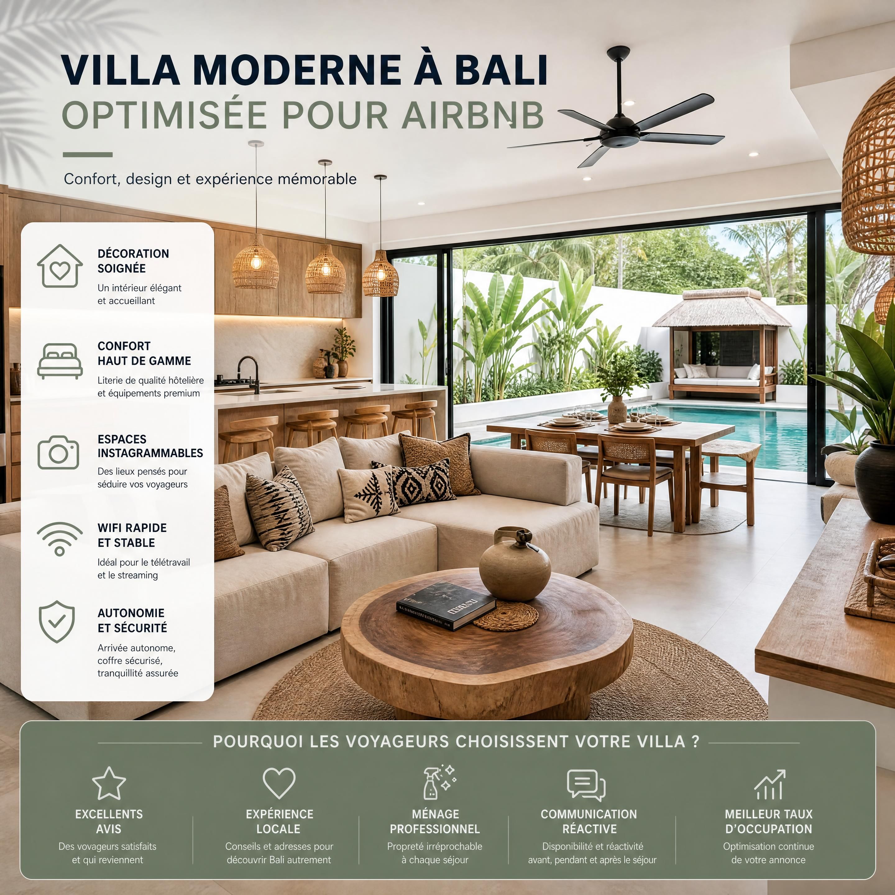 Intérieur d'une villa moderne à Bali optimisée pour Airbnb